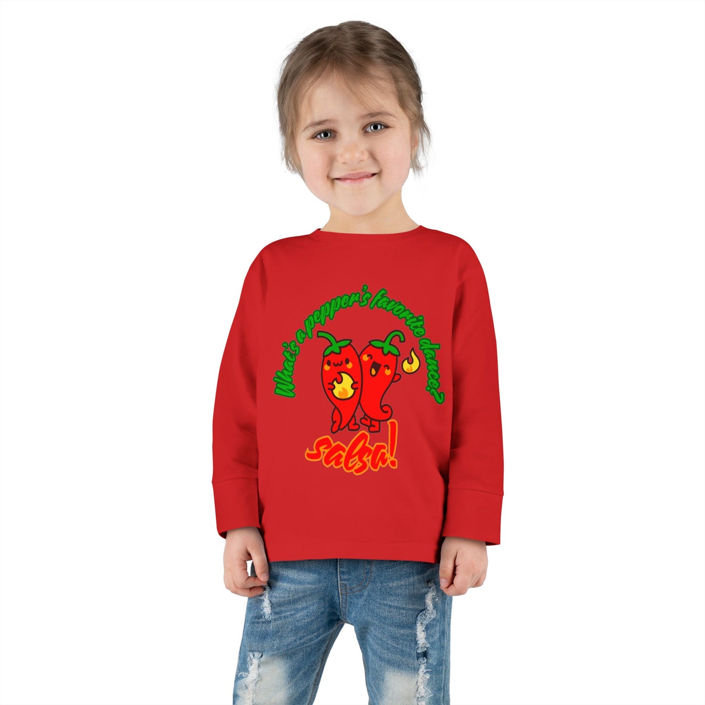 "What Is a Pepper's Favorite Dance? Salsa!" Toddler Dance T-Shirt – Cute Pepper Pun Graphic Long Sleeve Tee for Kids
