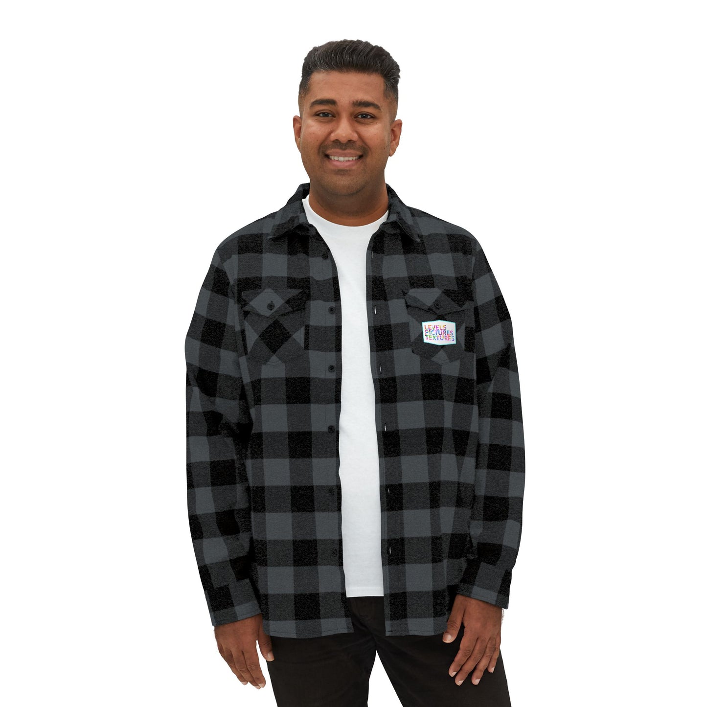 Levels Premium Collection Flannel Shirt – Unisex Streetwear Button-Up with "Levels Pictures Textures" Front Text and Bold Dancer Silhouette Back Graphic