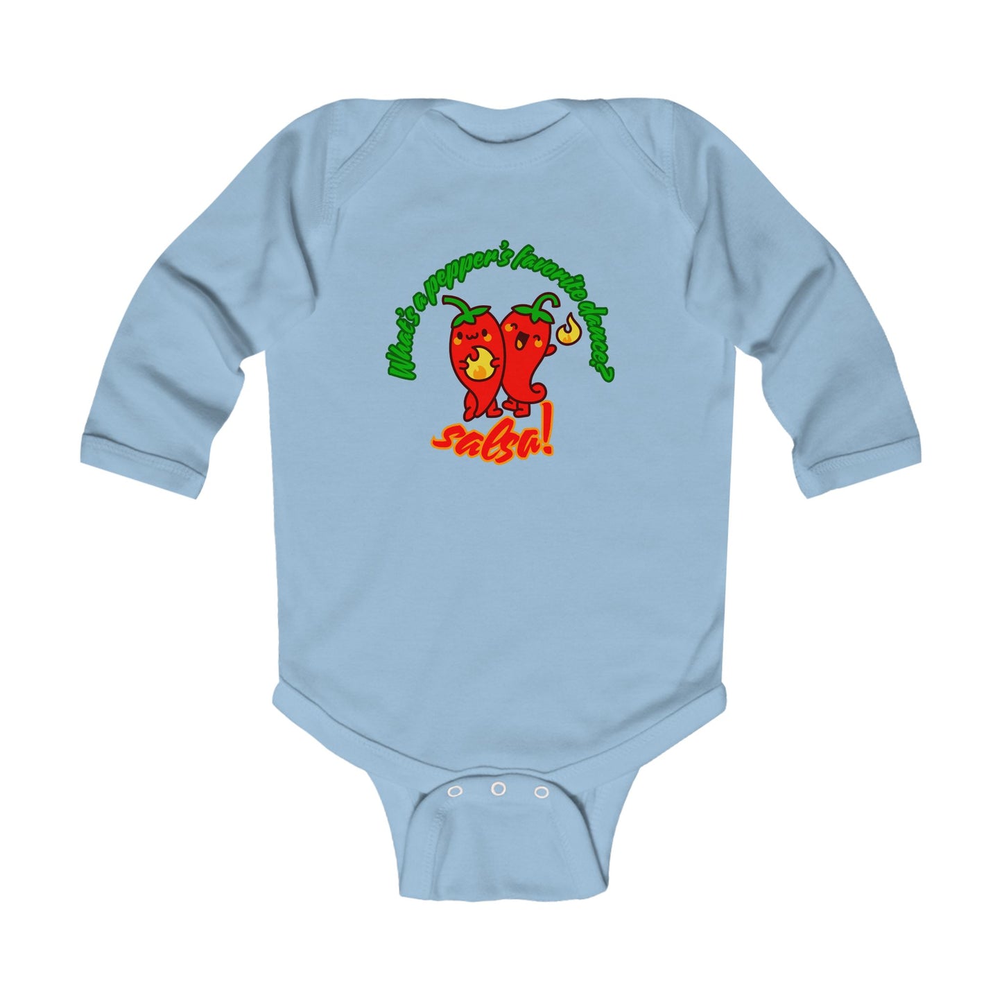 "What's a Pepper's Favorite Dance? Salsa!" Infant Long Sleeve Bodysuit – Cute Dance Pun Graphic Baby Outfit for Jeté Dance Fans