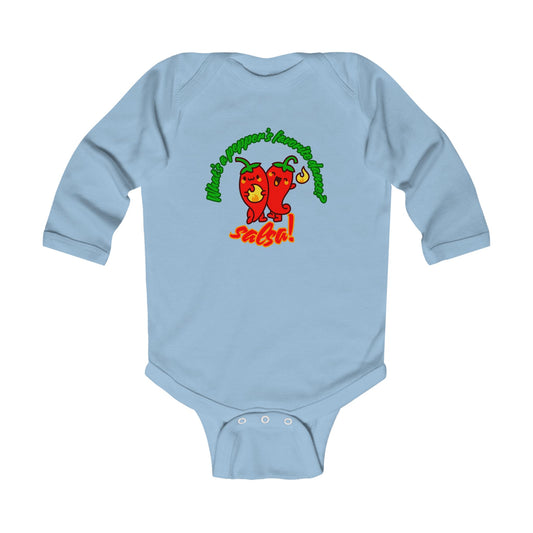 "What's a Pepper's Favorite Dance? Salsa!" Infant Long Sleeve Bodysuit – Cute Dance Pun Graphic Baby Outfit for Jeté Dance Fans