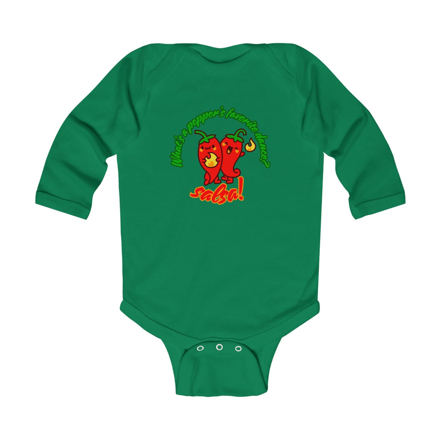 "What's a Pepper's Favorite Dance? Salsa!" Infant Long Sleeve Bodysuit – Cute Dance Pun Graphic Baby Outfit for Jeté Dance Fans