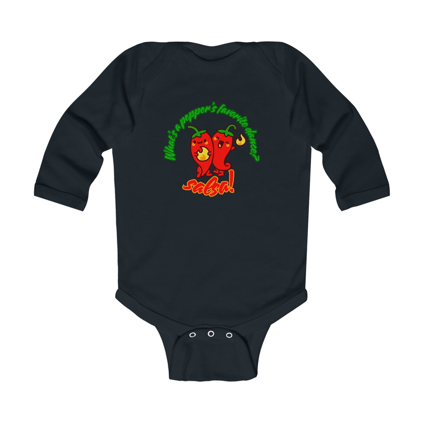 "What's a Pepper's Favorite Dance? Salsa!" Infant Long Sleeve Bodysuit – Cute Dance Pun Graphic Baby Outfit for Jeté Dance Fans