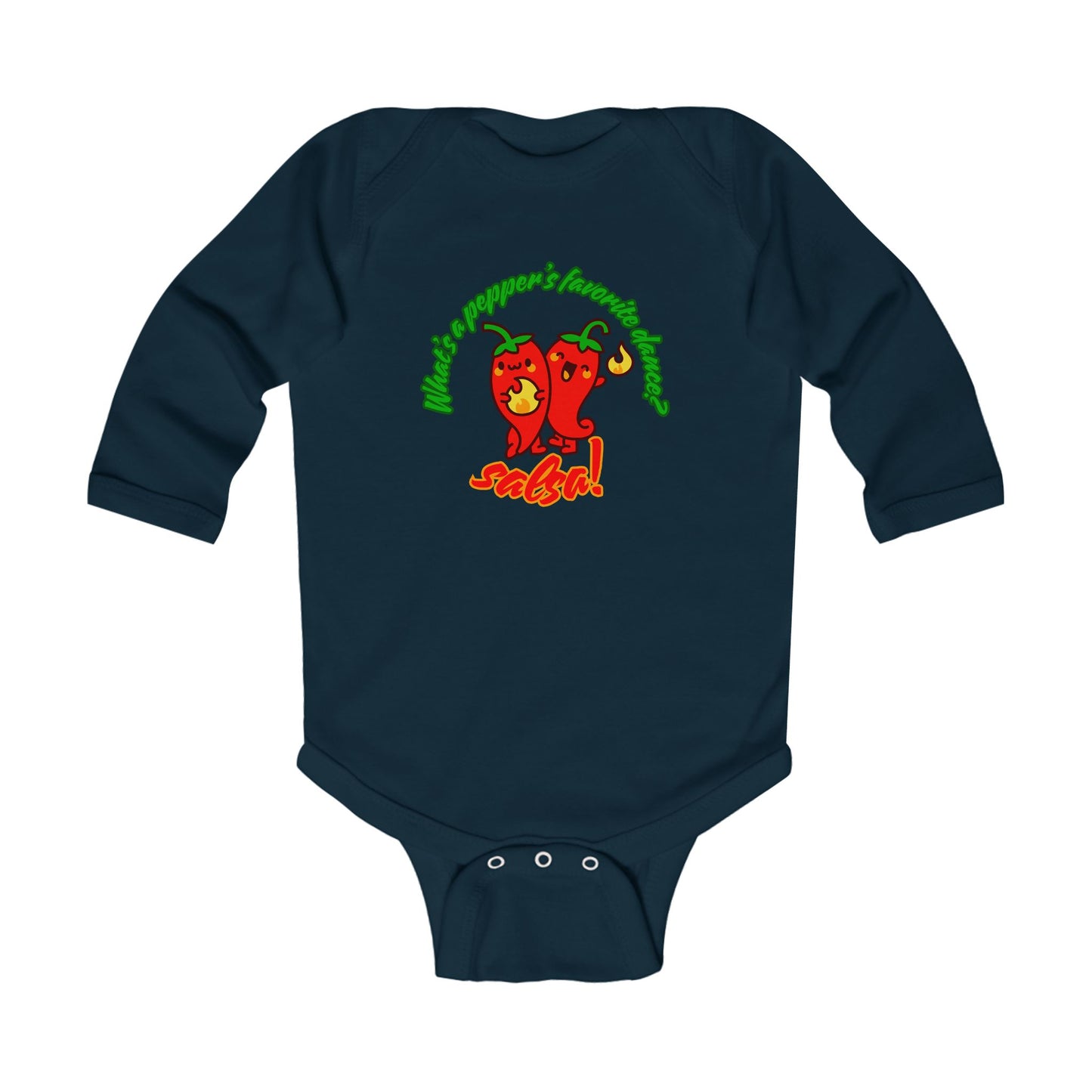 "What's a Pepper's Favorite Dance? Salsa!" Infant Long Sleeve Bodysuit – Cute Dance Pun Graphic Baby Outfit for Jeté Dance Fans