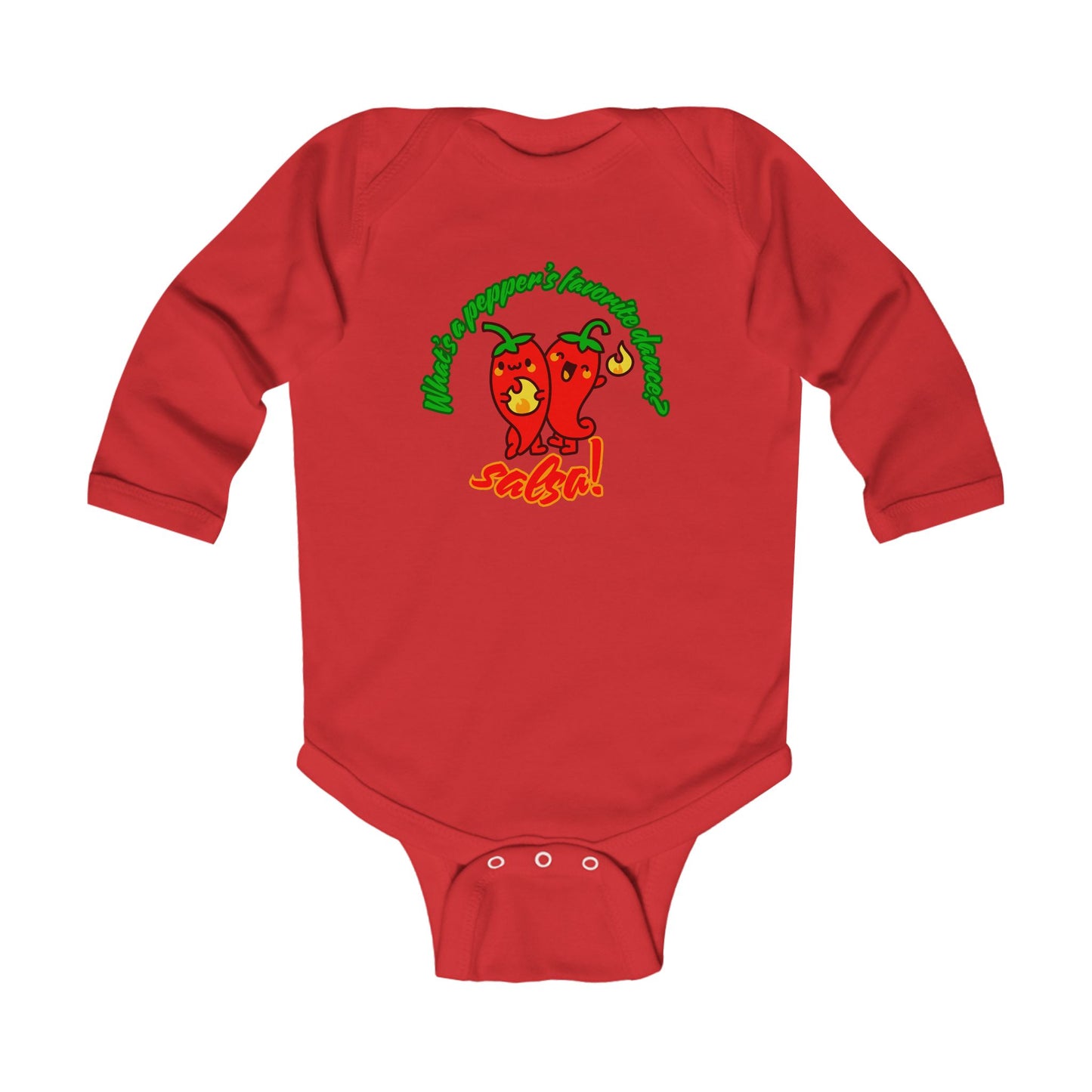 "What's a Pepper's Favorite Dance? Salsa!" Infant Long Sleeve Bodysuit – Cute Dance Pun Graphic Baby Outfit for Jeté Dance Fans