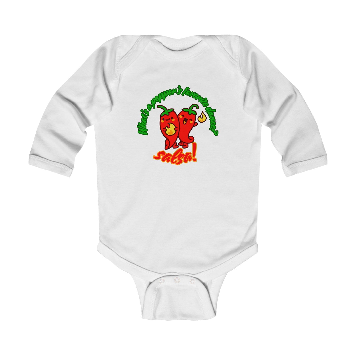 "What's a Pepper's Favorite Dance? Salsa!" Infant Long Sleeve Bodysuit – Cute Dance Pun Graphic Baby Outfit for Jeté Dance Fans