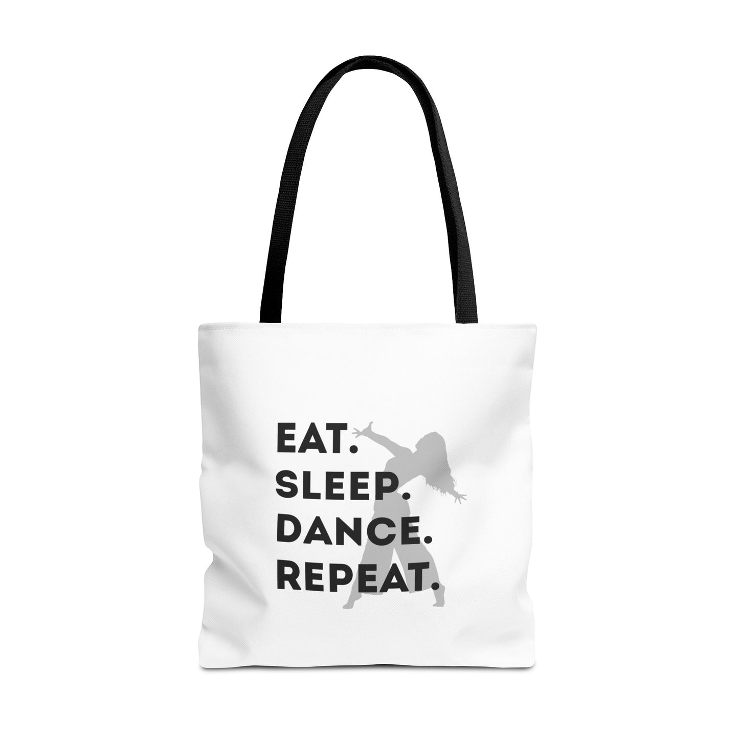 "Eat Sleep Dance Repeat" Canvas Tote Bag – Gray Dancer Silhouette Dance-Themed Reusable Shoulder Bag for Dancers, Studio, or Everyday Use