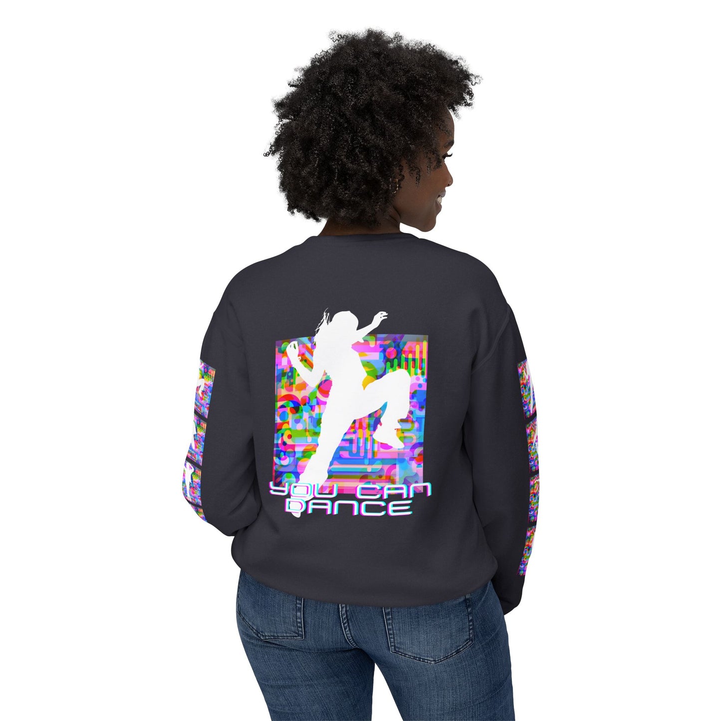 Levels Premium Collection Dance Crewneck Sweatshirt – Vibrant Unisex Streetwear Pullover with "Levels Pictures Textures" Front Text and Dancer Silhouettes on Sleeves