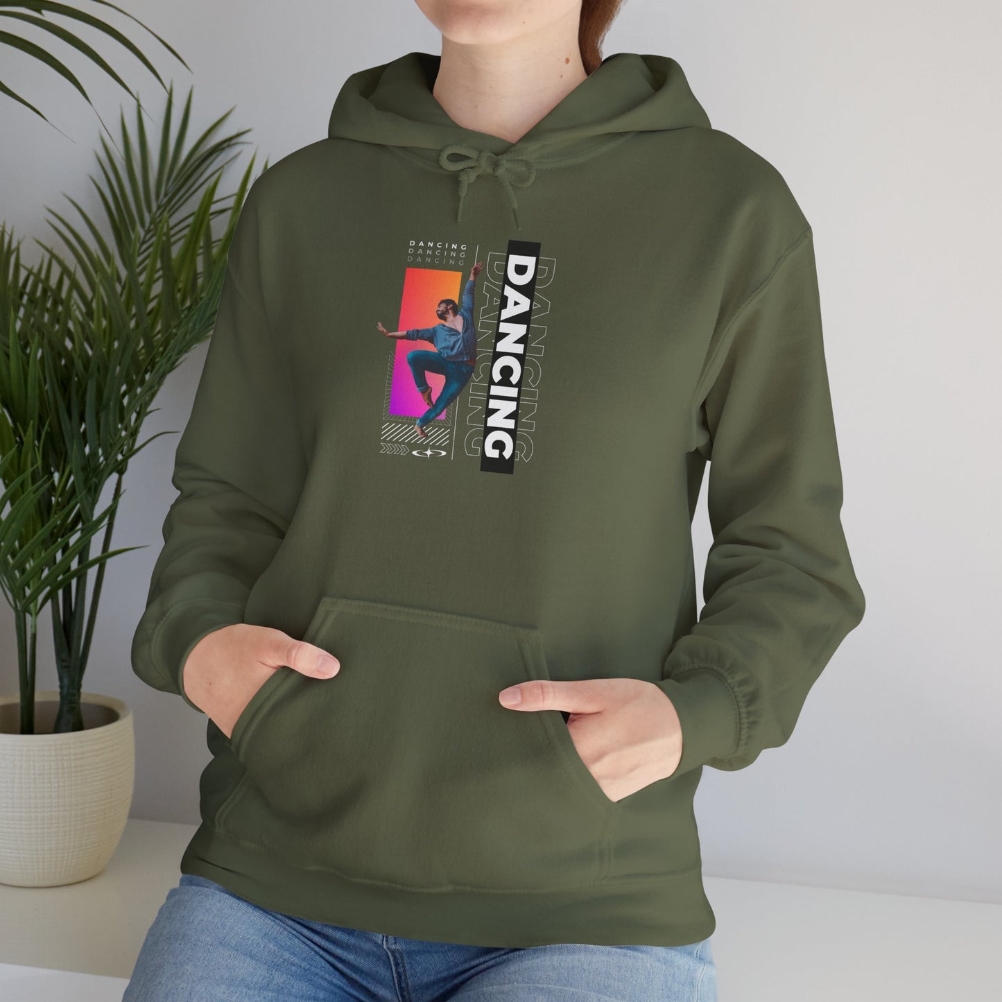 “Dancing” Text with Streetwear-Style Male Dancer Graphic – Unisex Heavy Blend™ Hooded Sweatshirt – Cozy Dance Hoodie for Performers & Dance Enthusiasts