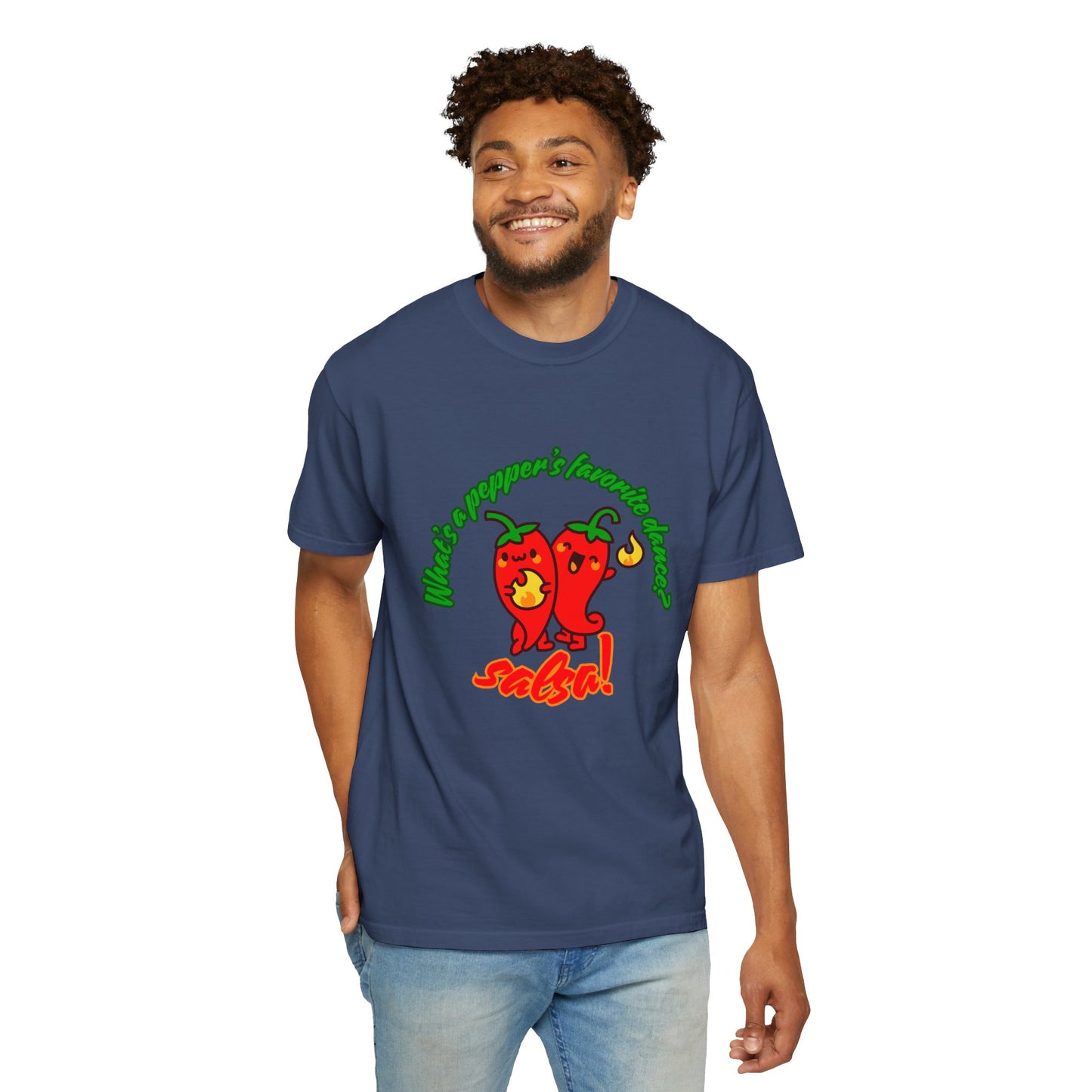"What's a Pepper's Favorite Dance? Salsa!" Dance Pun Unisex Garment-Dyed T-Shirt – Funny Dance Joke Tee with Cute Pepper Graphic – Dance Humor Shirt for Food & Pun Lovers