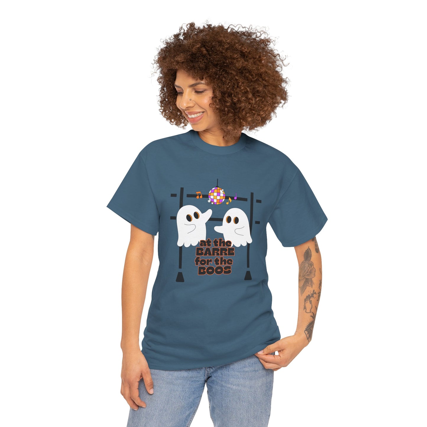 “At the Barre for the Boos” Dance Halloween T-Shirt with Cute Ghost Ballet Graphics - Unisex Heavy Cotton Tee