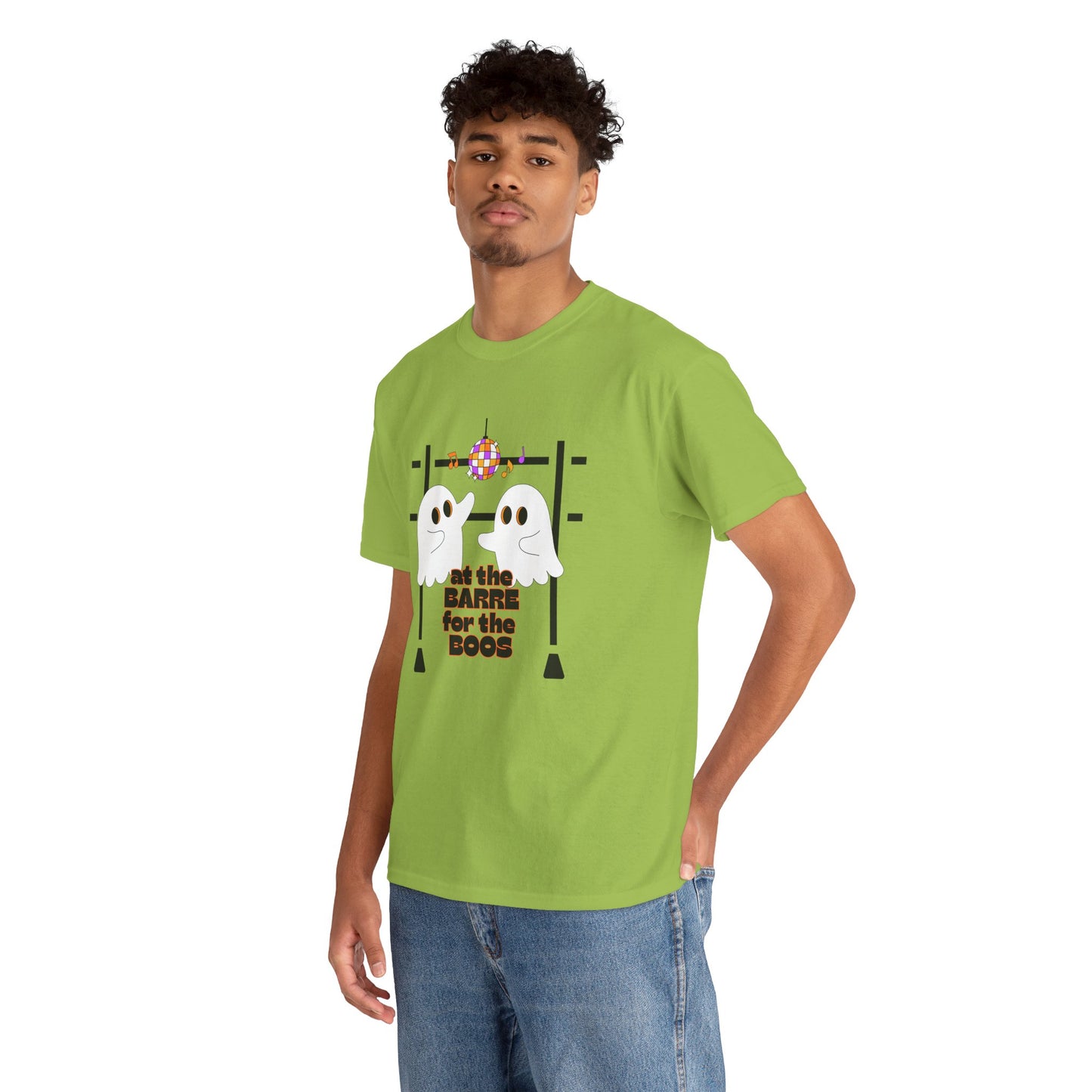 “At the Barre for the Boos” Dance Halloween T-Shirt with Cute Ghost Ballet Graphics - Unisex Heavy Cotton Tee