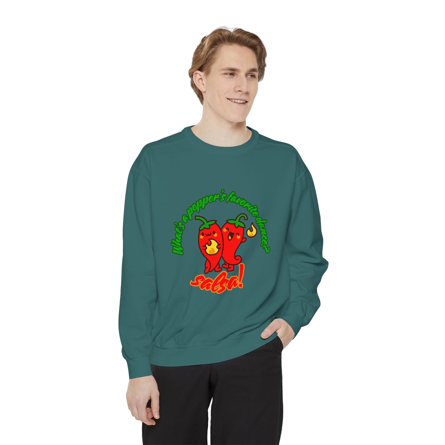 "What's a Pepper's Favorite Dance? Salsa!" Unisex Lightweight Crewneck Sweatshirt – Fun Dance Pun Pullover with Cute Pepper Graphic for Dancers & Food Lovers