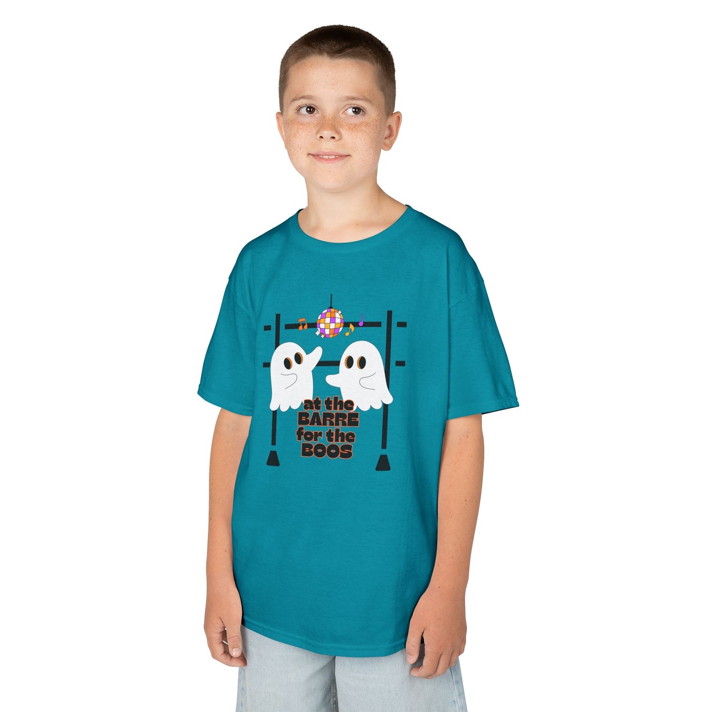 “At the Barre for the Boos” Halloween Dance T-Shirt with Cute Ghost Ballet Graphics - Kids Heavy Cotton™ Tee