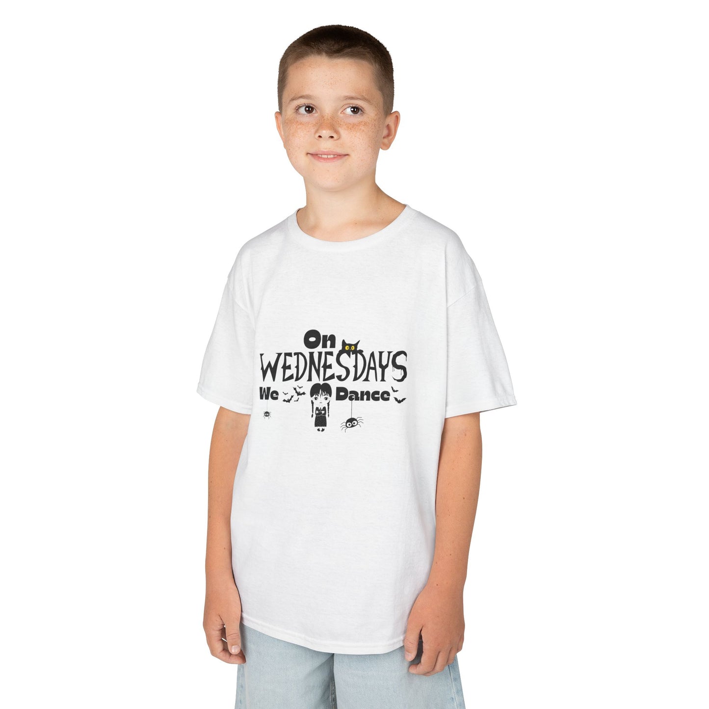 “On Wednesdays We Dance” Gothic Halloween T-Shirt with Cute Girl, Black Cat, Spiders & Bats - Kids Heavy Cotton™ Tee