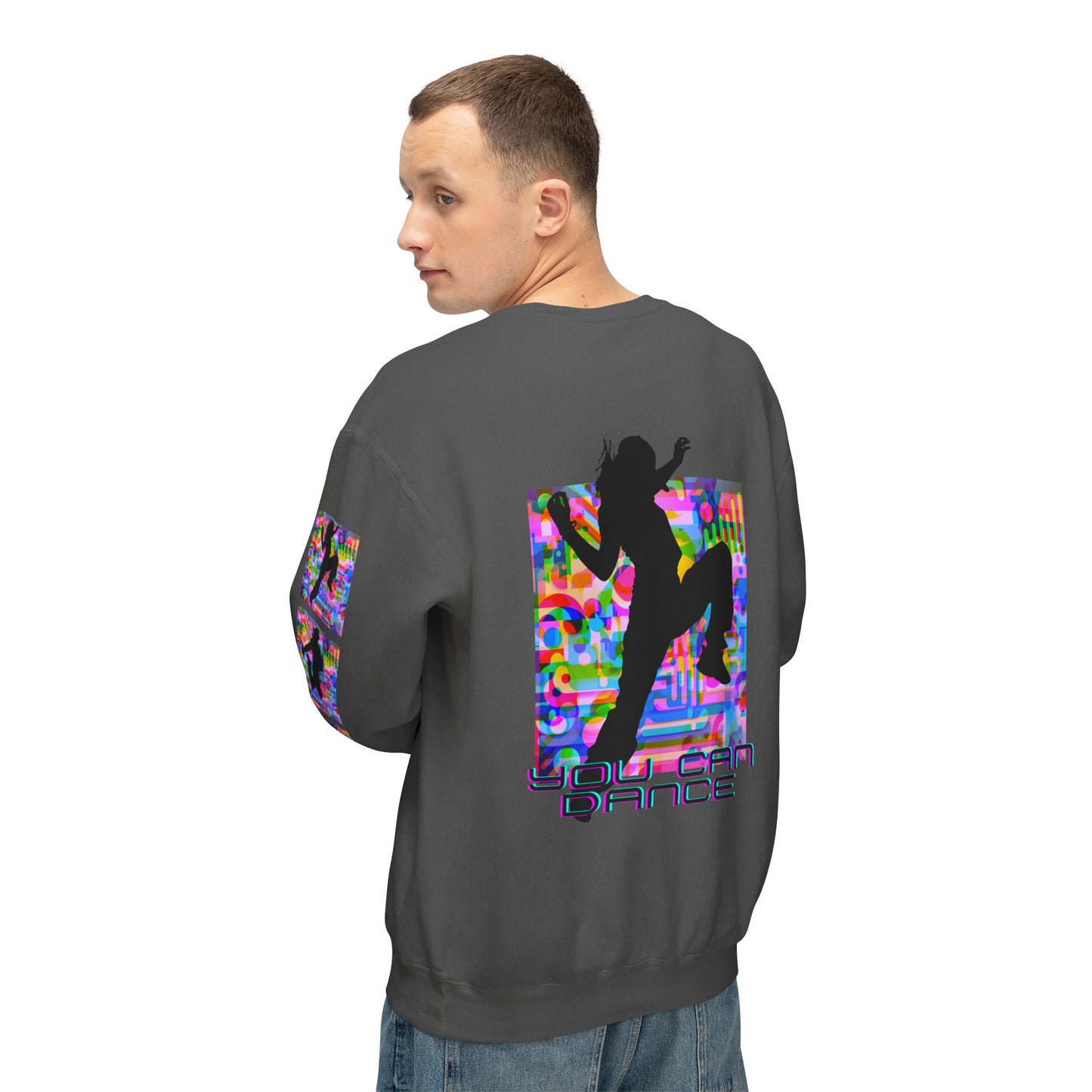 Levels Premium Collection Dance Crewneck Sweatshirt – Vibrant Unisex Streetwear Pullover with "Levels Pictures Textures" Front Text and Dancer Silhouettes on Sleeves