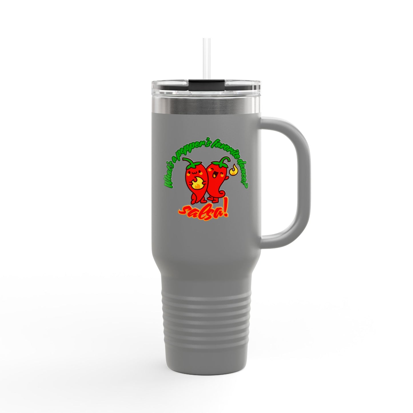 "What's a Pepper's Favorite Dance? Salsa." Funny Dance Quote 40oz Insulated Travel Mug – Bold Pepper Graphic Stainless Steel Tumbler
