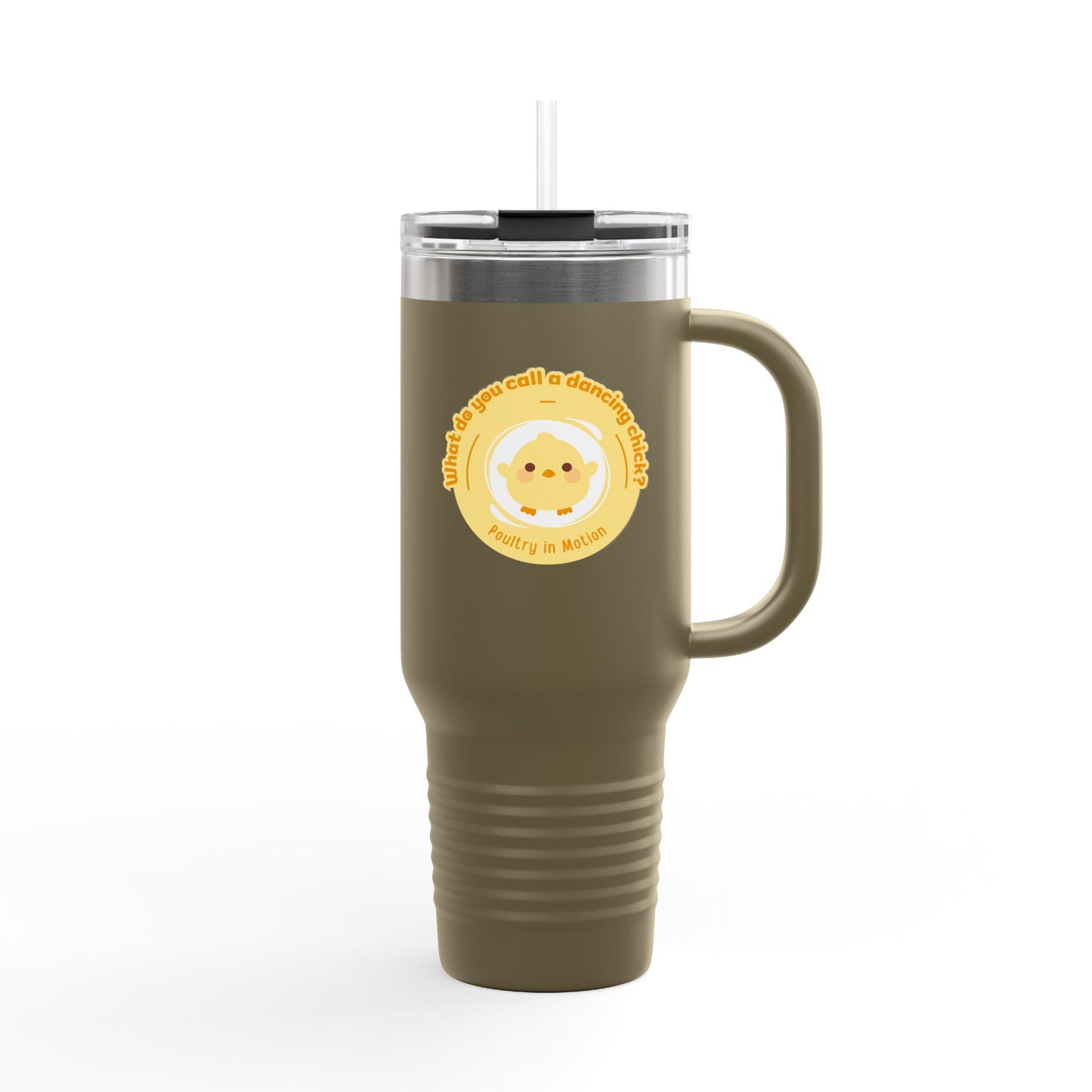 "Poultry in Motion" 40oz Insulated Travel Mug – Cute Dancing Chick Graphic | Funny Dance-Themed Stainless Steel Tumbler for On-the-Go Sipping