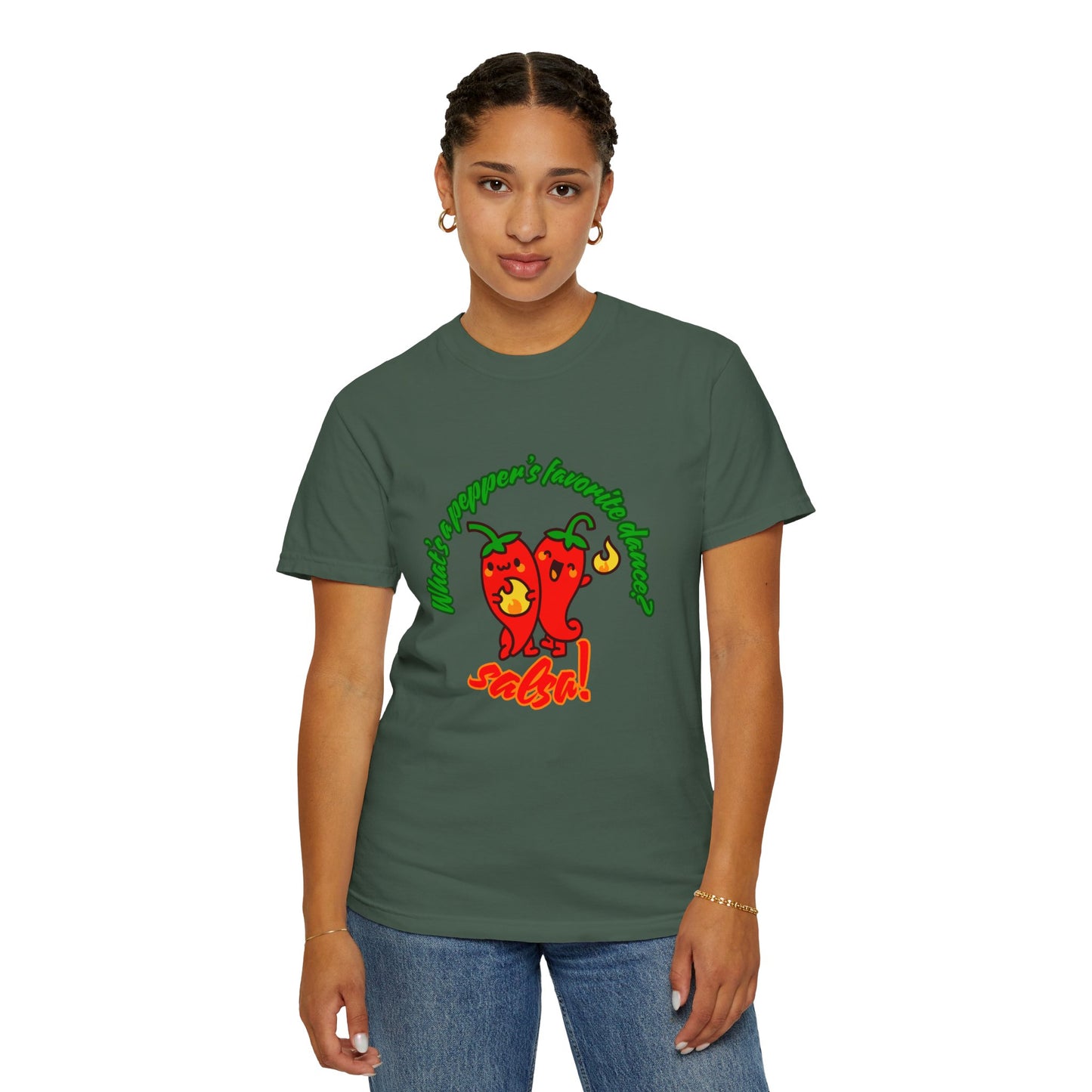 "What's a Pepper's Favorite Dance? Salsa!" Dance Pun Unisex Garment-Dyed T-Shirt – Funny Dance Joke Tee with Cute Pepper Graphic – Dance Humor Shirt for Food & Pun Lovers