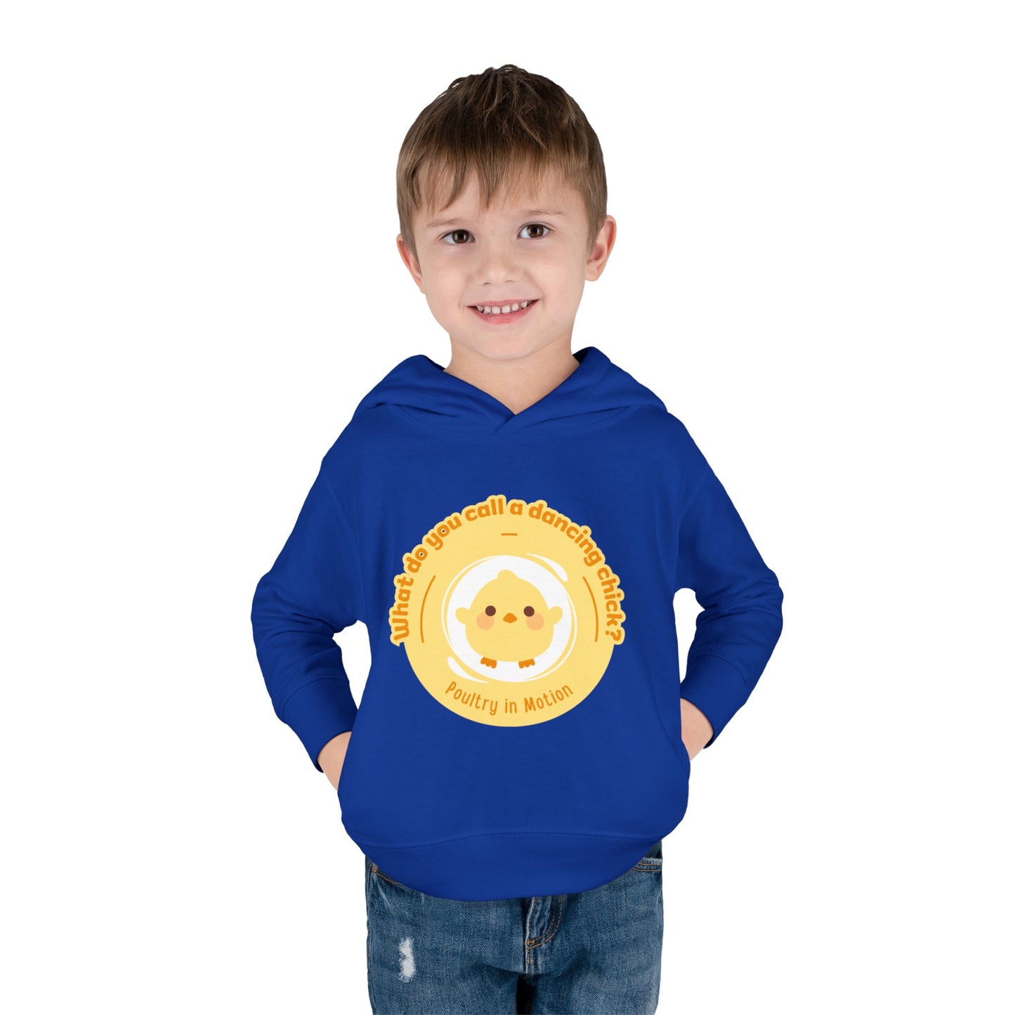 "What do you call a dancing chick? Poultry in Motion." Toddler Pullover Hoodie – Funny Dancing Chicken Pun Graphic Fleece Sweatshirt for Kids