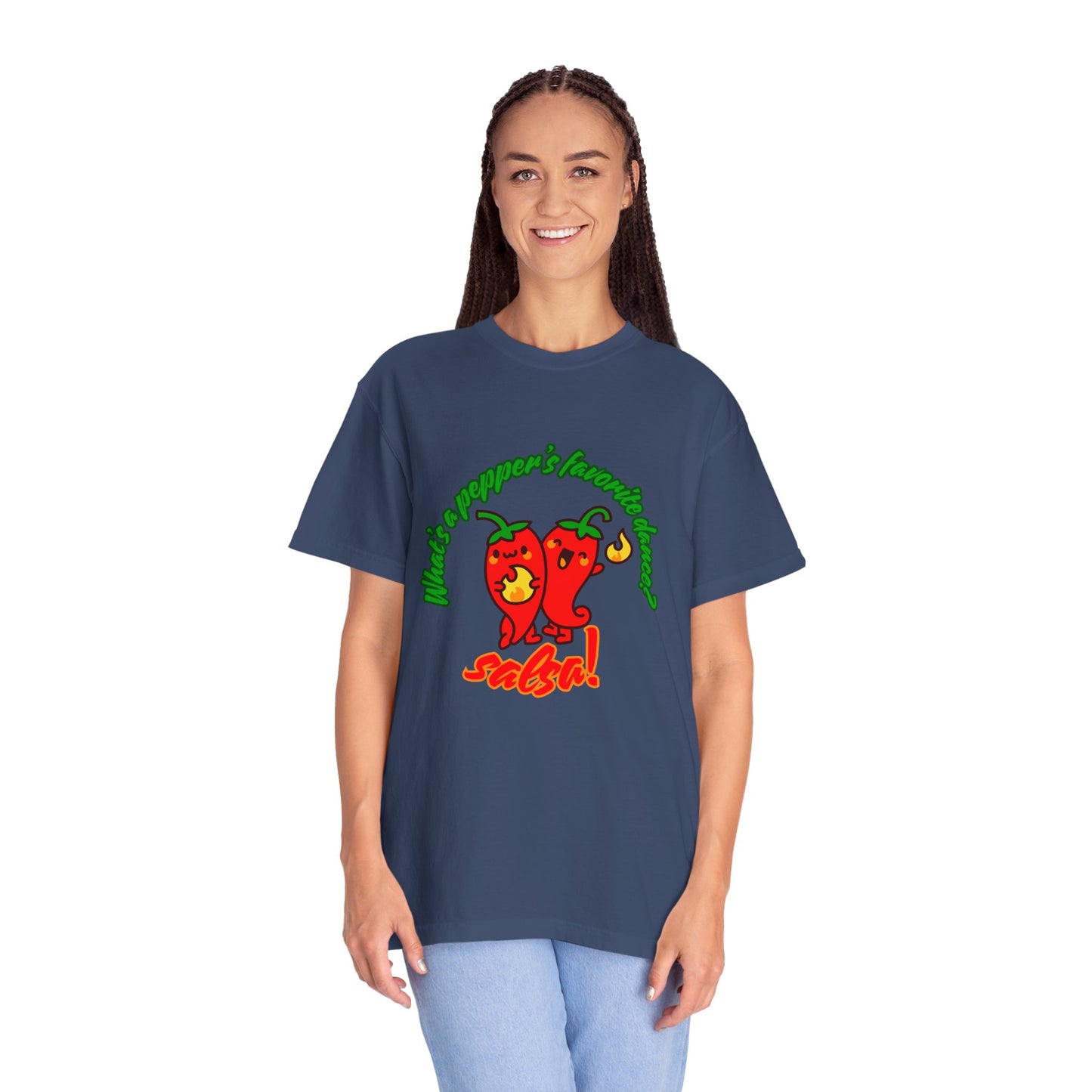"What's a Pepper's Favorite Dance? Salsa!" Dance Pun Unisex Garment-Dyed T-Shirt – Funny Dance Joke Tee with Cute Pepper Graphic – Dance Humor Shirt for Food & Pun Lovers