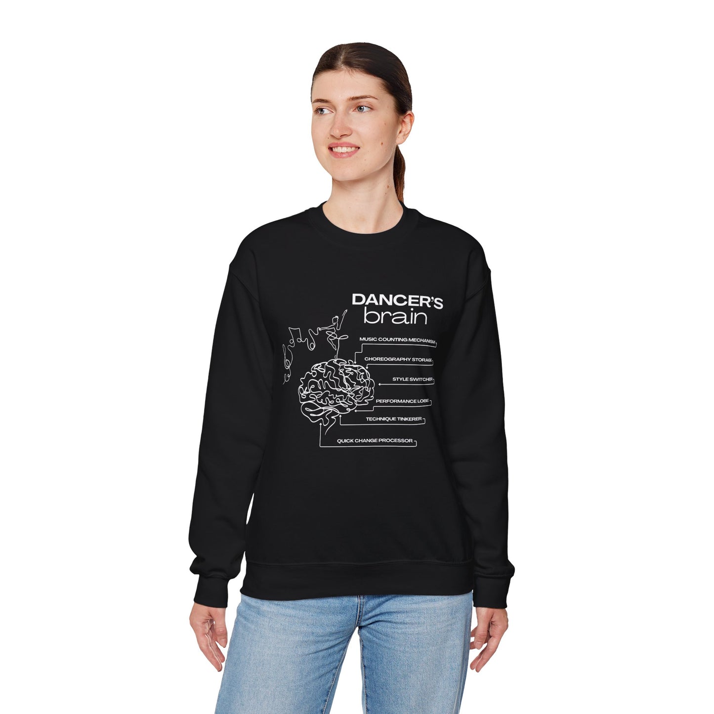 “Dancer’s Brain” Funny Dance Anatomy Sweatshirt – Unisex Heavy Blend Crewneck with Optional Name or Studio Personalization