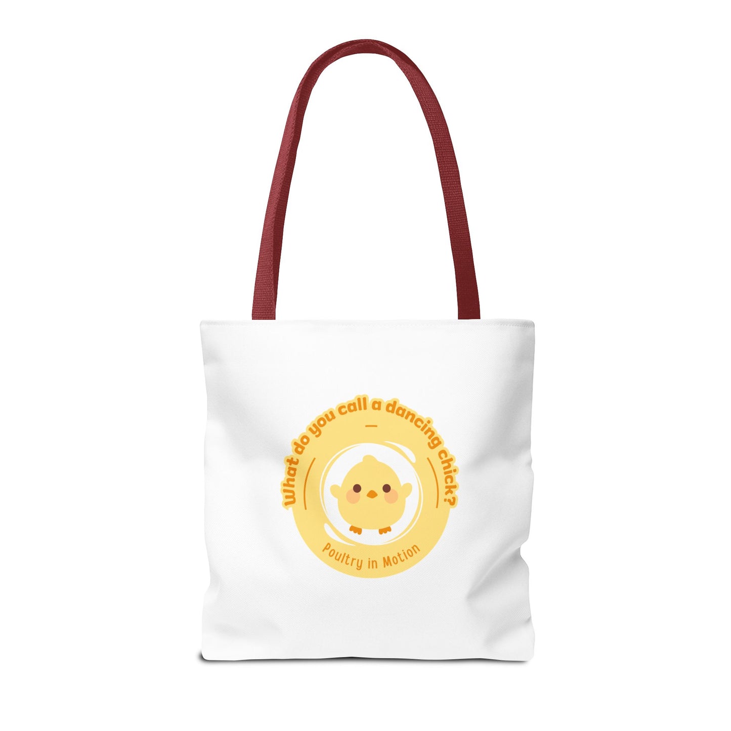 "What do you call a dancing chick? Poultry in Motion" Funny Dance Tote Bag – Kawaii Chicken Canvas Tote for Dancers & Dance Lovers