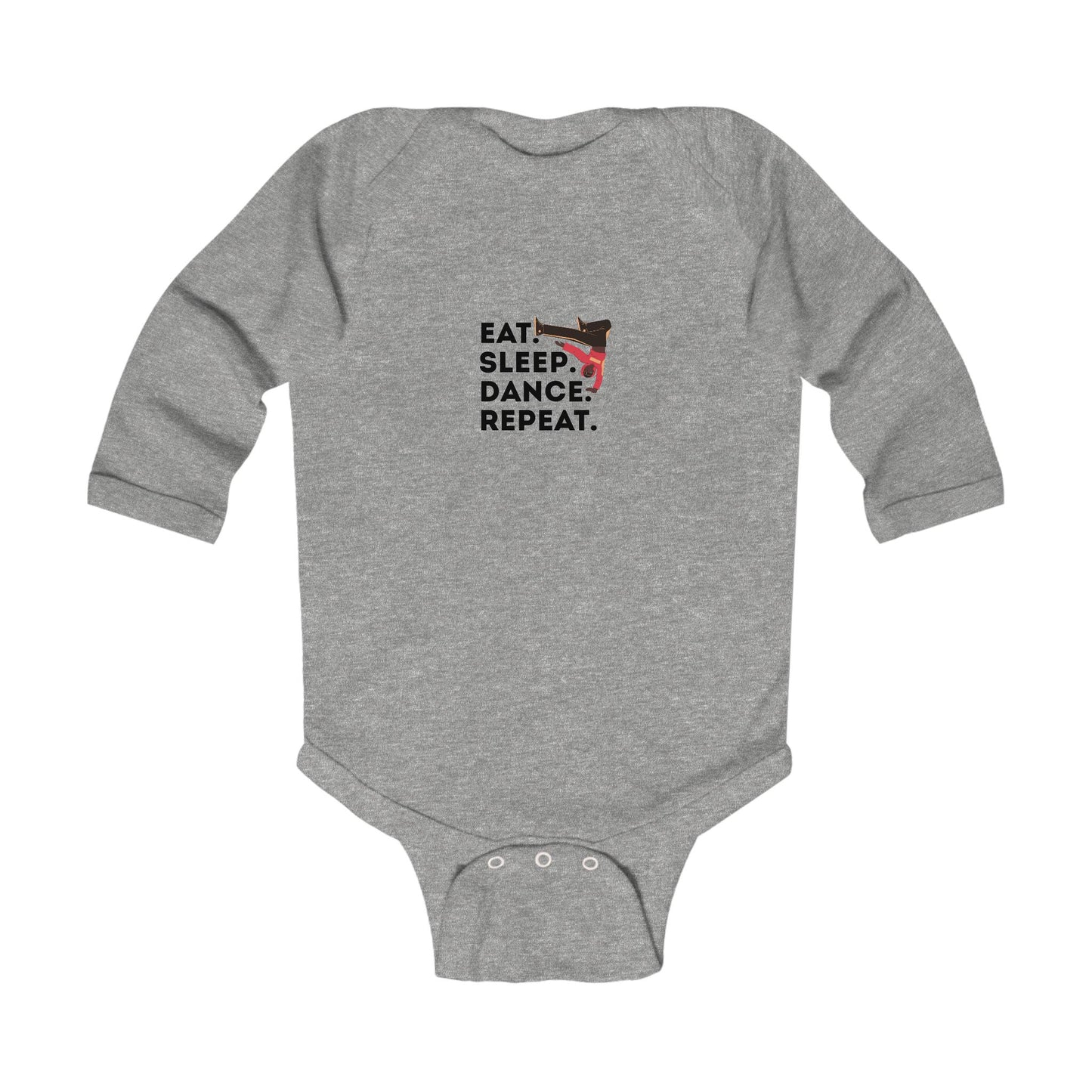 "Eat Sleep Dance Repeat" Infant Long Sleeve Bodysuit – Bold B-Boy Dance Graphic Baby Outfit for Hip-Hop Lovers