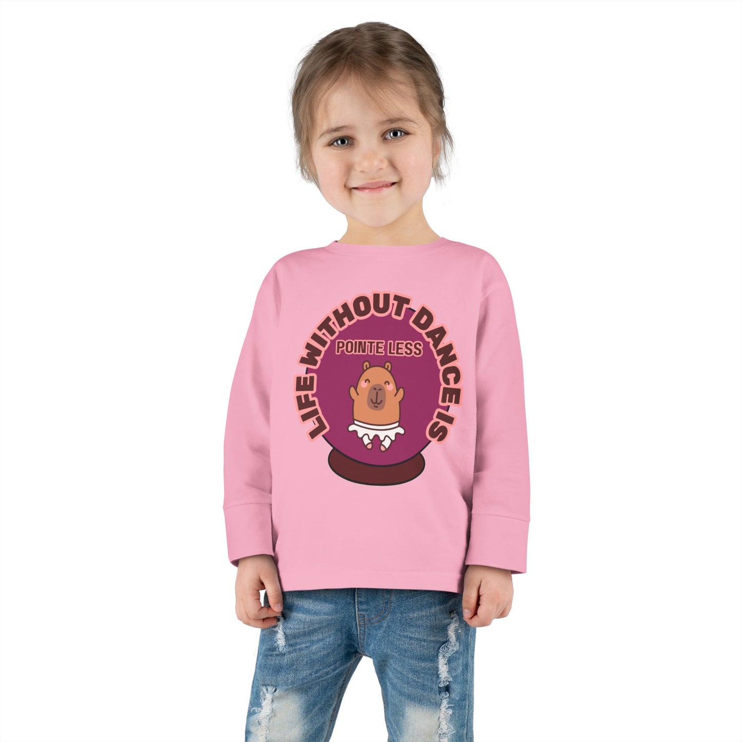 "Life Without Dance Is Pointeless" Toddler Dance T-Shirt – Cute Dancing Capybara Graphic Long Sleeve Tee for Kids