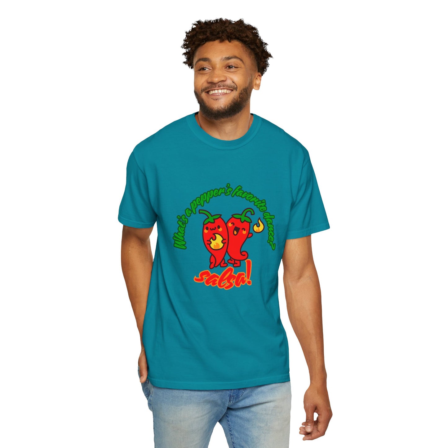 "What's a Pepper's Favorite Dance? Salsa!" Dance Pun Unisex Garment-Dyed T-Shirt – Funny Dance Joke Tee with Cute Pepper Graphic – Dance Humor Shirt for Food & Pun Lovers