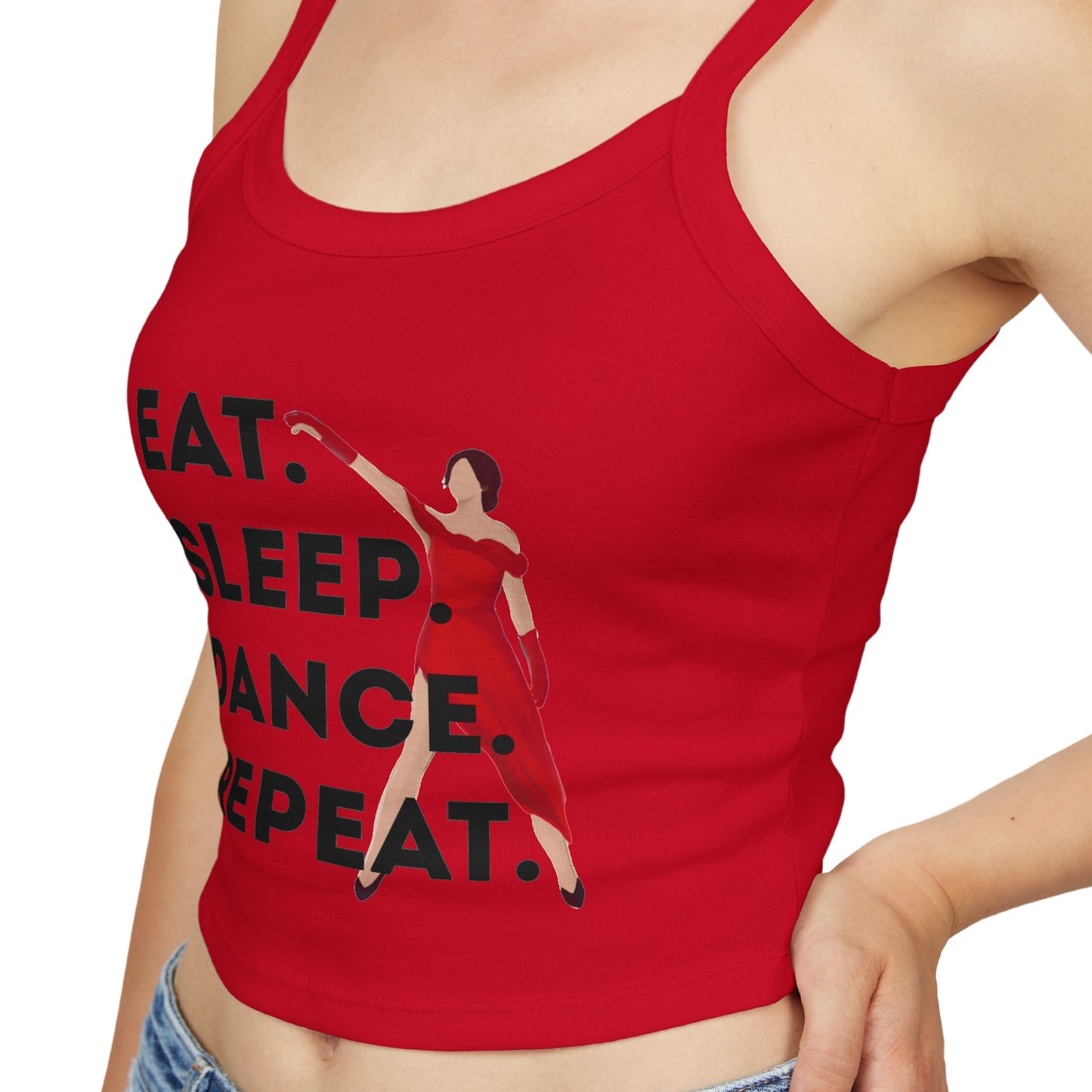 "Eat, Sleep, Dance, Repeat" Women’s Spaghetti Strap Tank Top – Bold Dancer Graphic | Motivational Dance Tank for Rehearsals, Classes & Everyday Wear