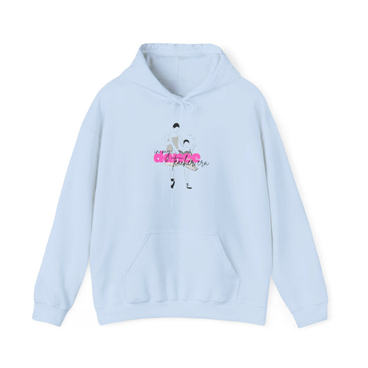 Light blue hoodie with graphic design on a white background