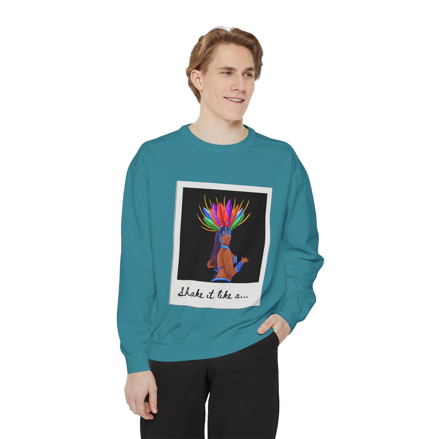 "Shake It Like a..." Unisex Lightweight Crewneck Sweatshirt – Carnival-Inspired Samba Dancer Graphic Pullover for Dance Lovers & Festival Vibes