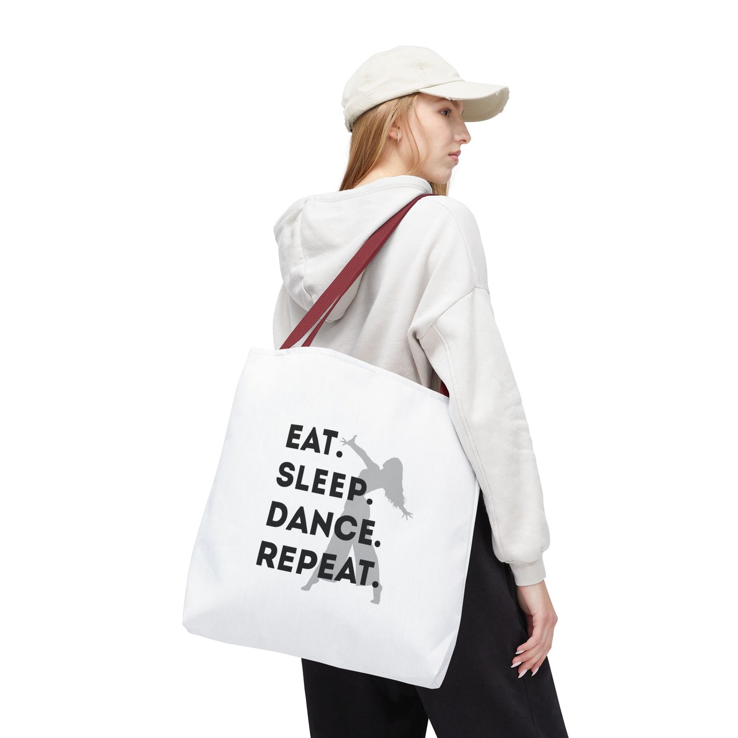 "Eat Sleep Dance Repeat" Canvas Tote Bag – Gray Dancer Silhouette Dance-Themed Reusable Shoulder Bag for Dancers, Studio, or Everyday Use