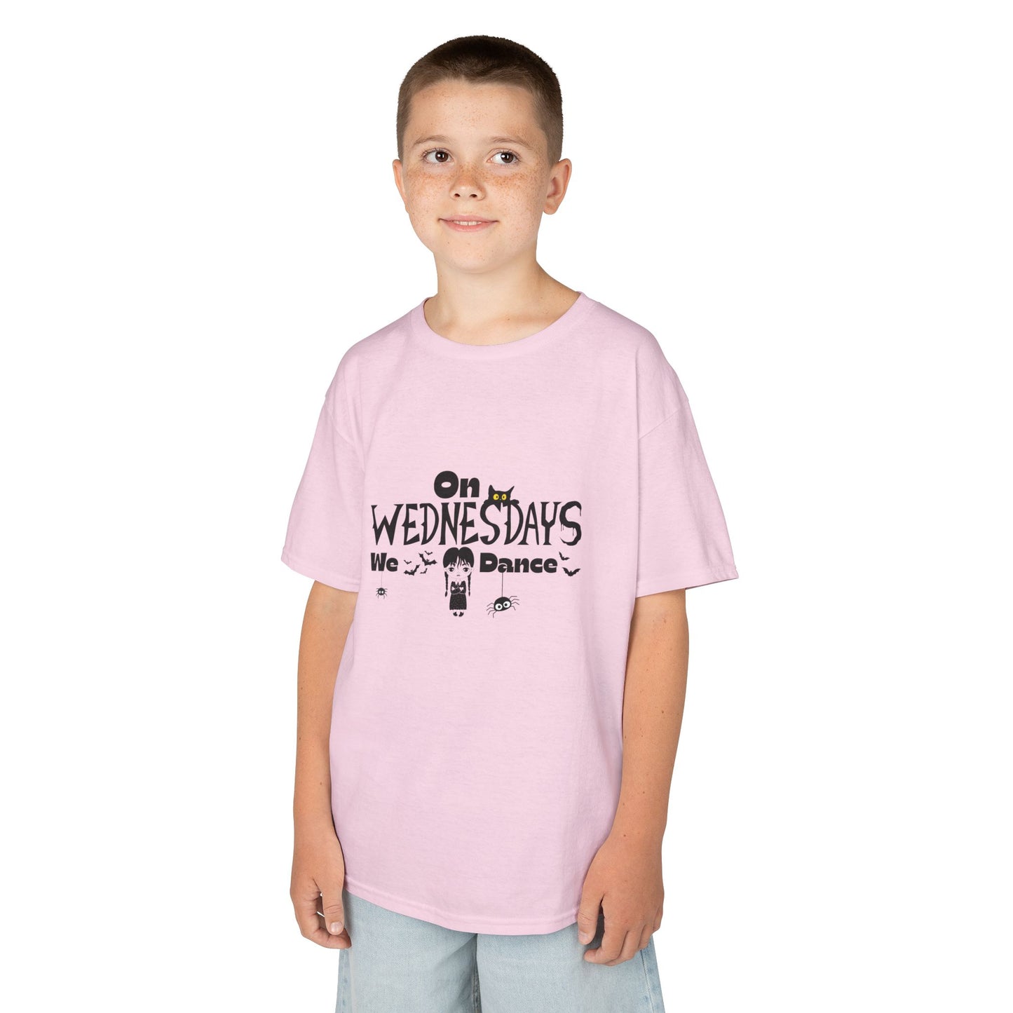 “On Wednesdays We Dance” Gothic Halloween T-Shirt with Cute Girl, Black Cat, Spiders & Bats - Kids Heavy Cotton™ Tee