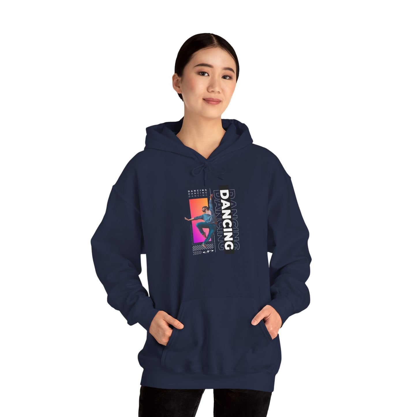 “Dancing” Text with Streetwear-Style Male Dancer Graphic – Unisex Heavy Blend™ Hooded Sweatshirt – Cozy Dance Hoodie for Performers & Dance Enthusiasts