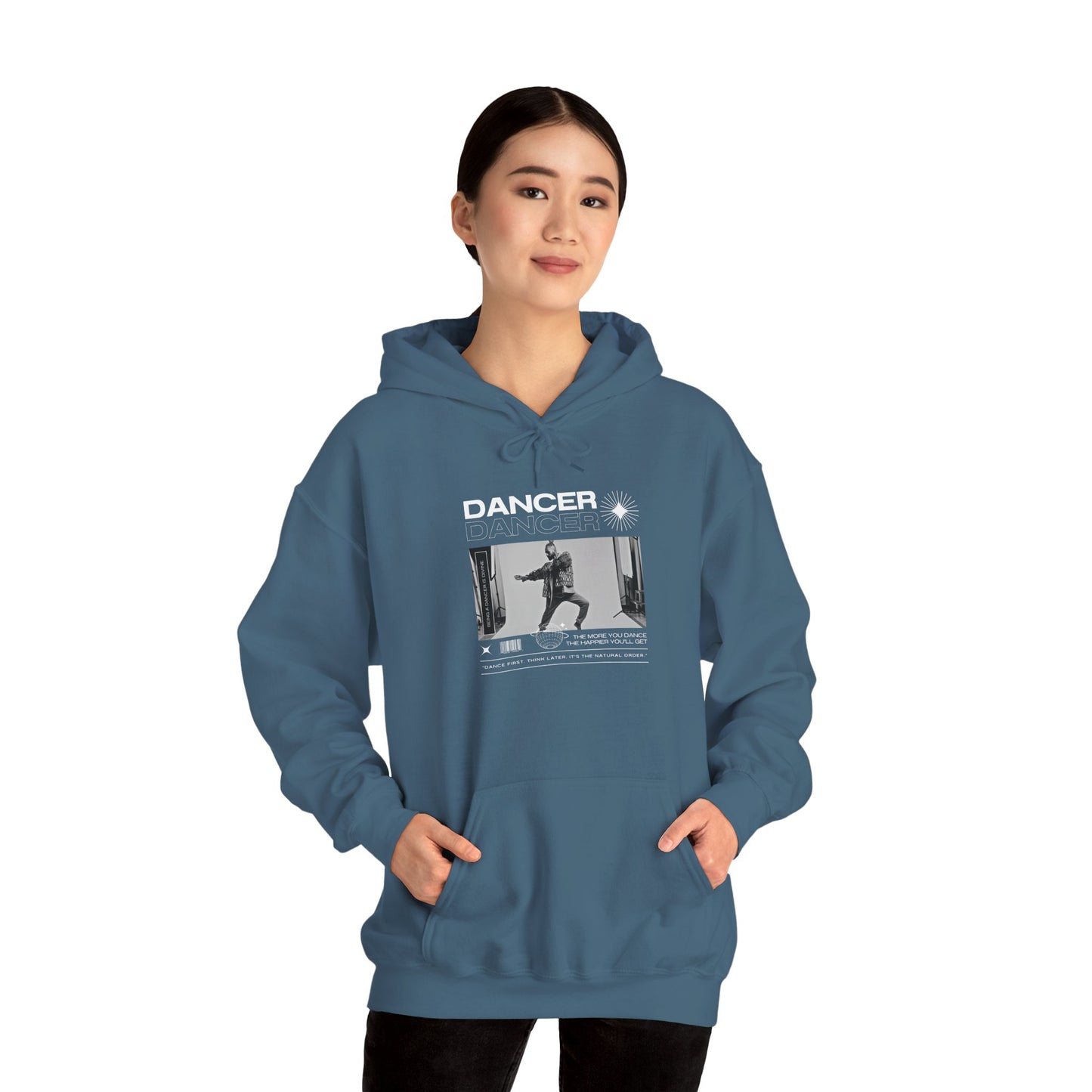 “Dancer” Text with Jazz-Inspired Streetwear-Style Pose Graphic – Unisex Heavy Blend™ Hooded Sweatshirt – Cozy Dance Hoodie for Jazz Dancers & Performing Arts Lovers  "