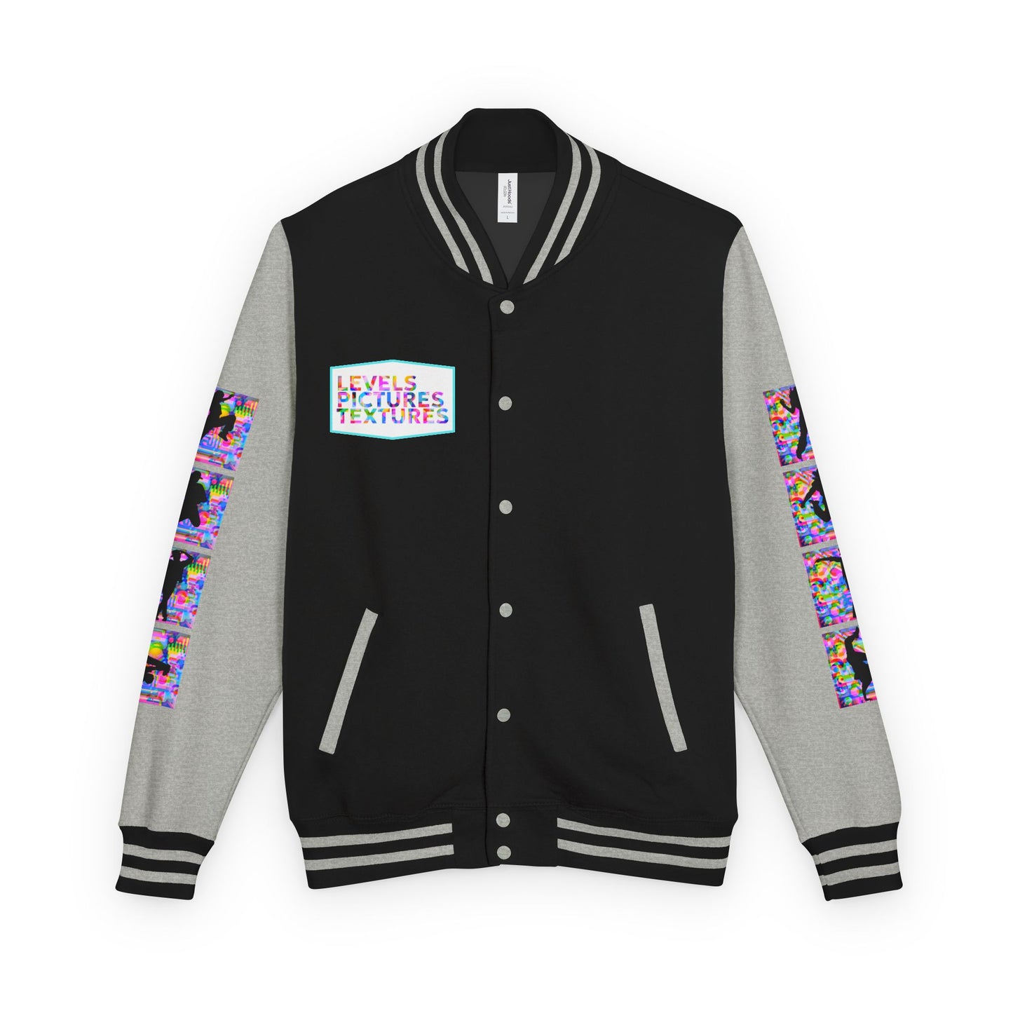 Levels Premium Collection Dance Letterman Jacket β Colorful Unisex Streetwear Varsity Jacket with "Levels Pictures Textures" Front and Dancer Silhouette Back Graphic