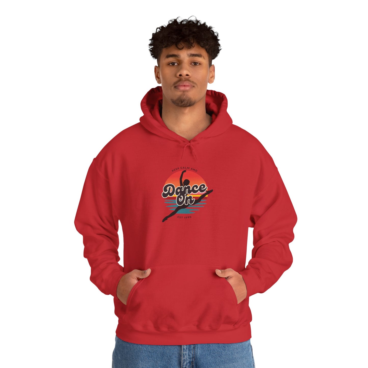 “Keep Calm and Dance On” Retro Hoodie – Unisex Dance-Inspired Hooded Sweatshirt for Dancers & Movement Lovers