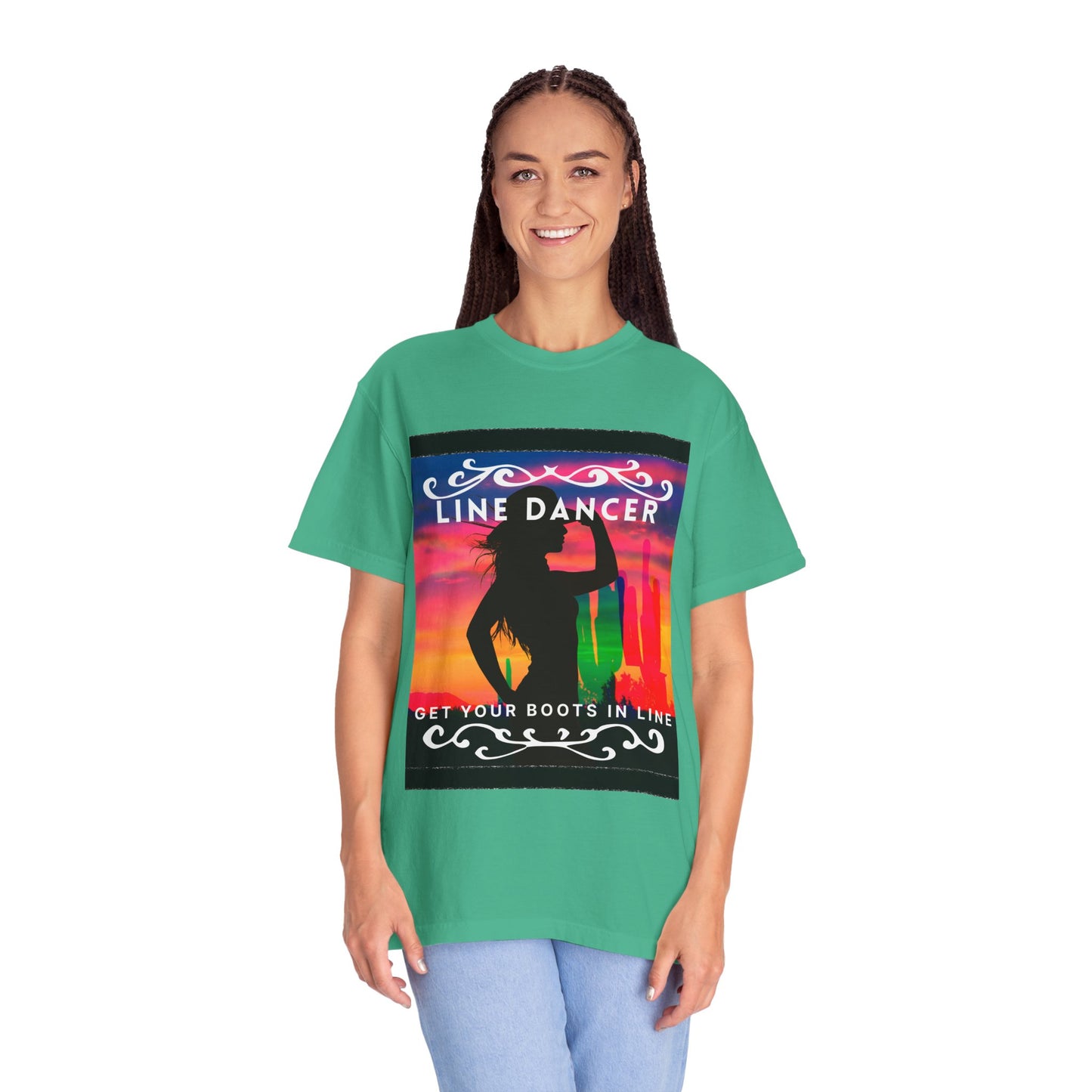 "Line Dancer" Unisex Garment-Dyed T-Shirt – Western Country Dance Graphic Tee – 'Get Your Boots in Line' Cowboy-Inspired Shirt