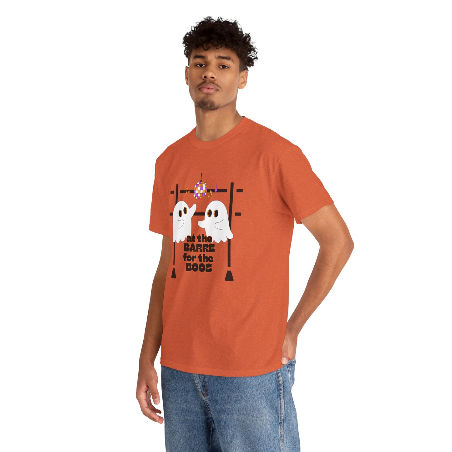 “At the Barre for the Boos” Dance Halloween T-Shirt with Cute Ghost Ballet Graphics - Unisex Heavy Cotton Tee