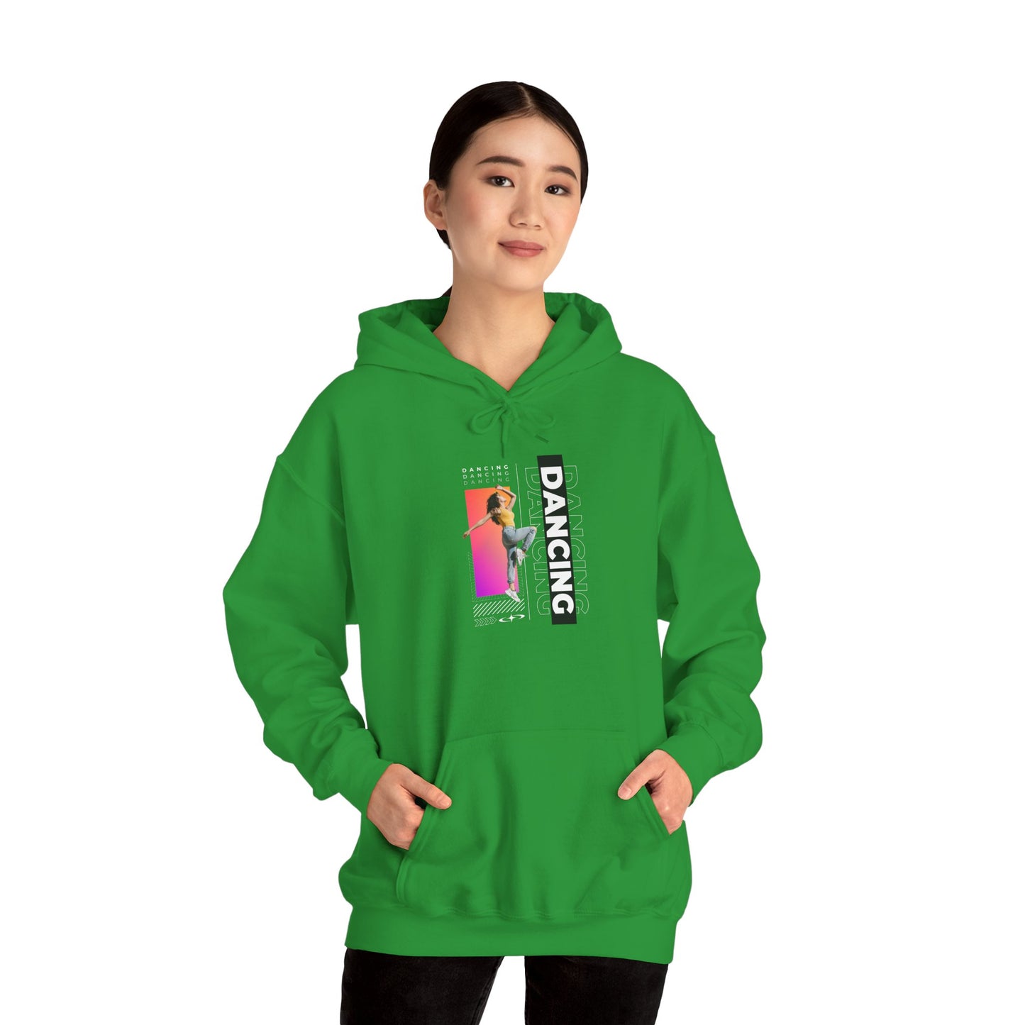 Dancing” Text with Streetwear-Style Female Dancer Graphic - Unisex Heavy Blend™ Hooded Sweatshirt – Cozy Dance Hoodie for Ballet & Hip-Hop Enthusiasts