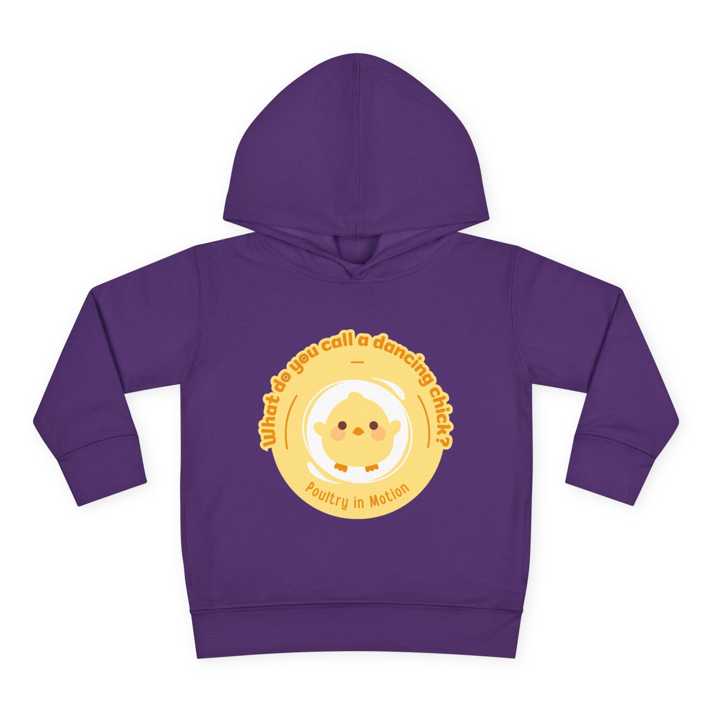 "What do you call a dancing chick? Poultry in Motion." Toddler Pullover Hoodie – Funny Dancing Chicken Pun Graphic Fleece Sweatshirt for Kids