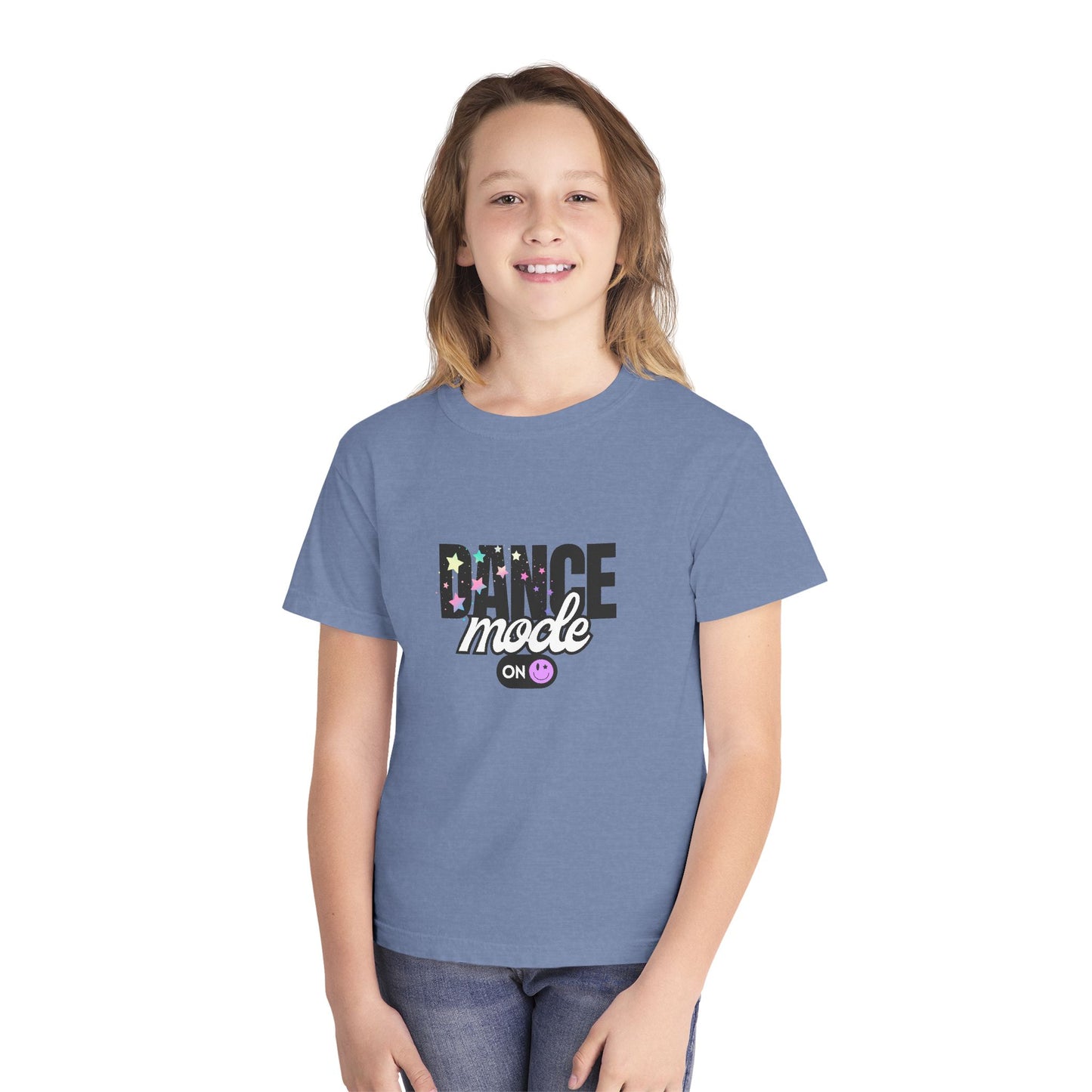 “Dance Mode On" Comfort Colors Youth Midweight T-Shirt – Pastel Stars & Smiley Face Dance Graphic Tee for Kids