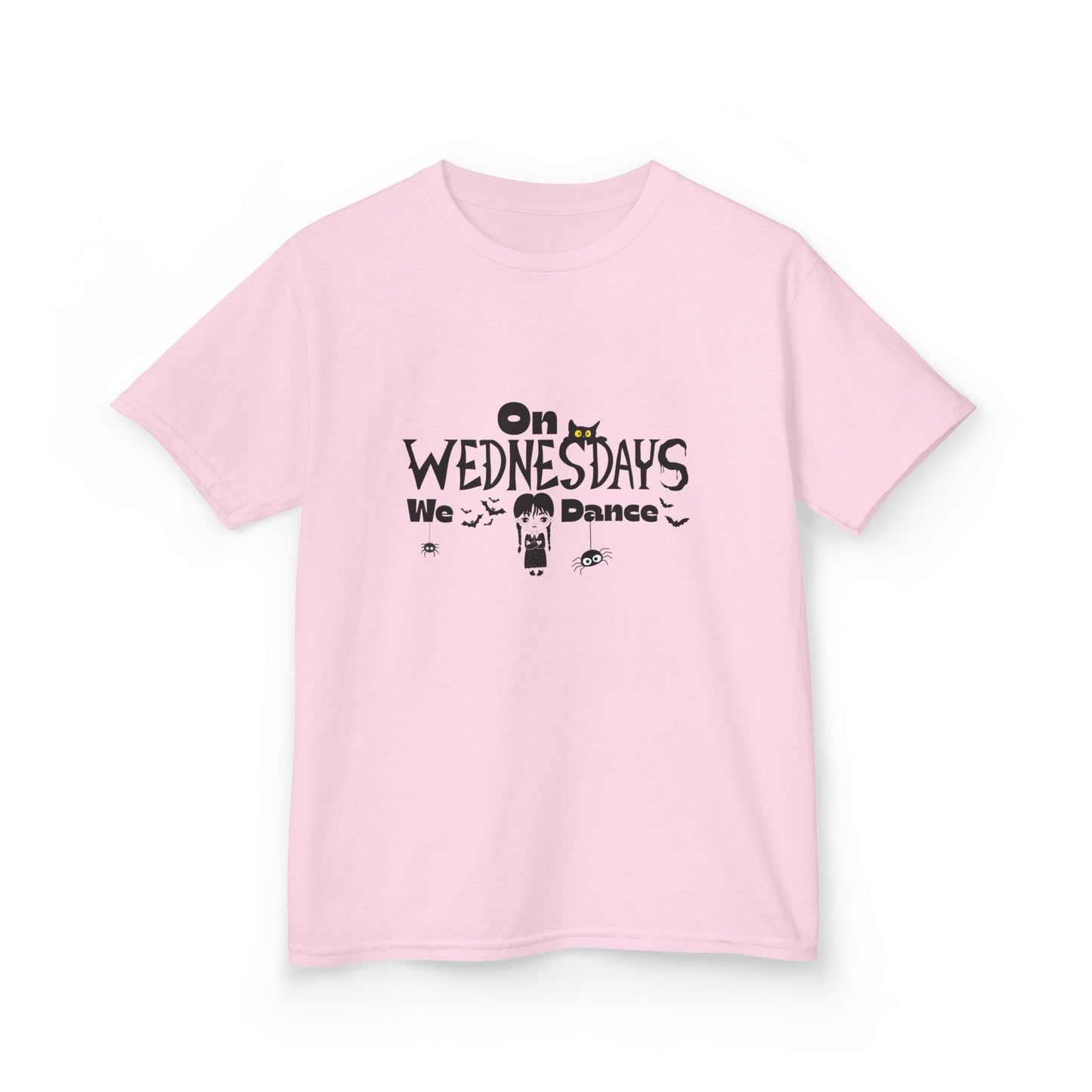 “On Wednesdays We Dance” Gothic Halloween T-Shirt with Cute Girl, Black Cat, Spiders & Bats - Kids Heavy Cotton™ Tee