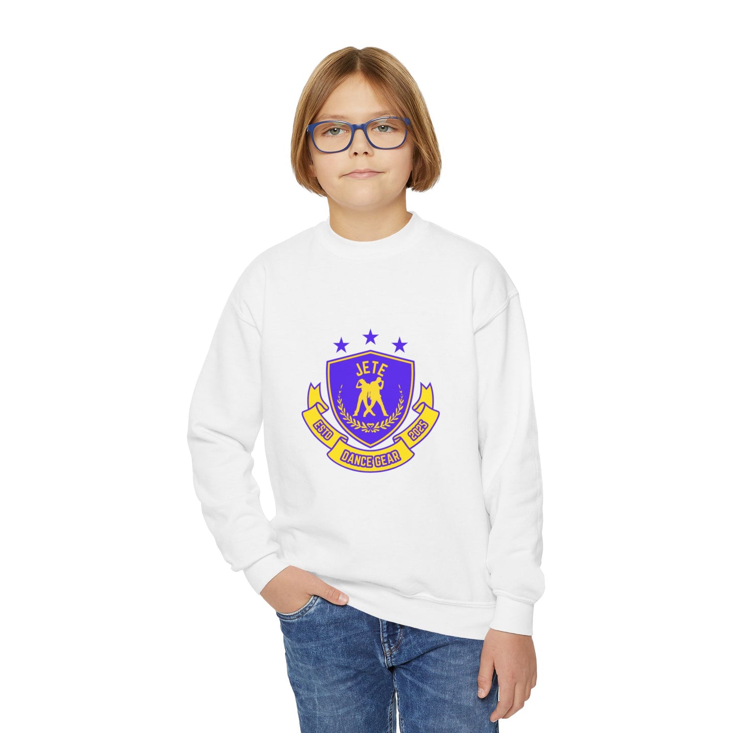 "Jeté Dance Gear" – Collegiate Style Youth Crewneck Sweatshirt | Bold Kids Dance Team Pullover