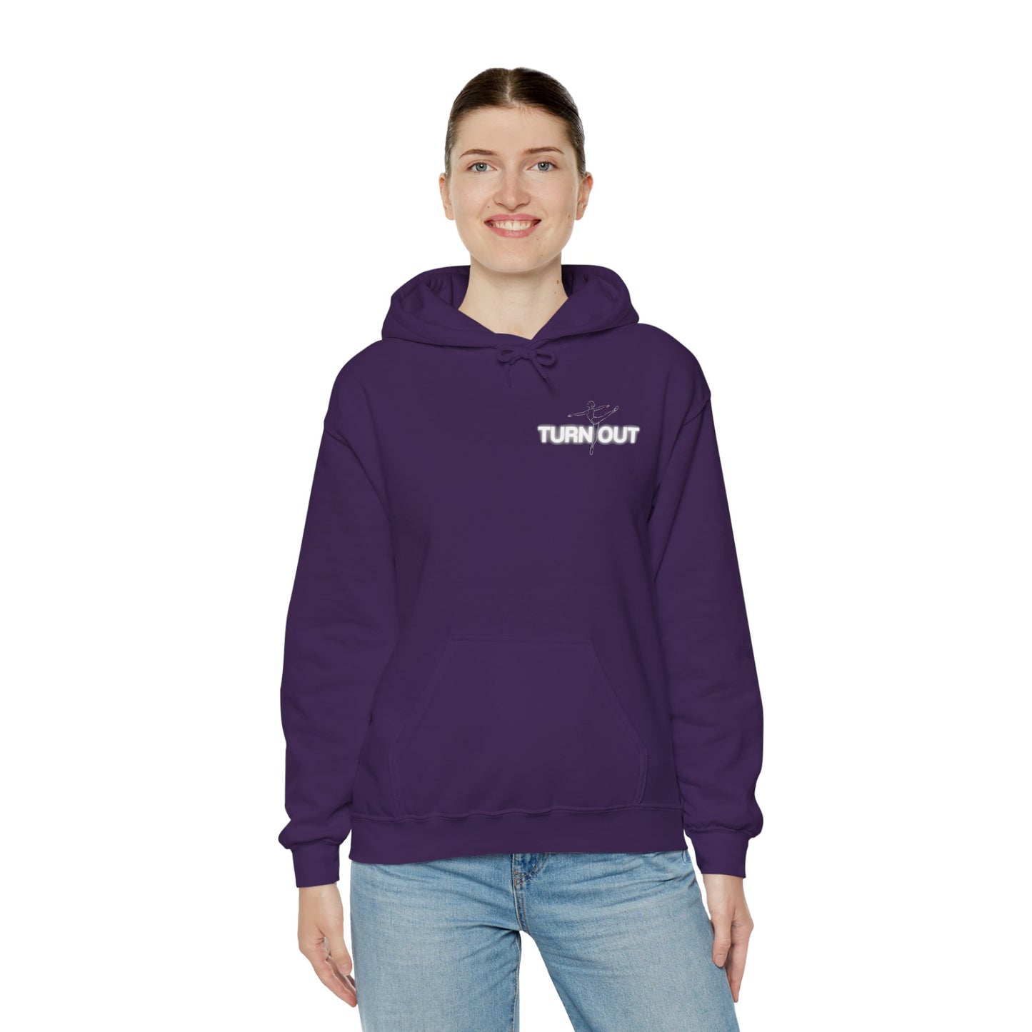 "Turn Out" Ballet Hoodie – Unisex Heavy Blend™ Hooded Sweatshirt with Front & Back Ballerina Graphics for Dancers