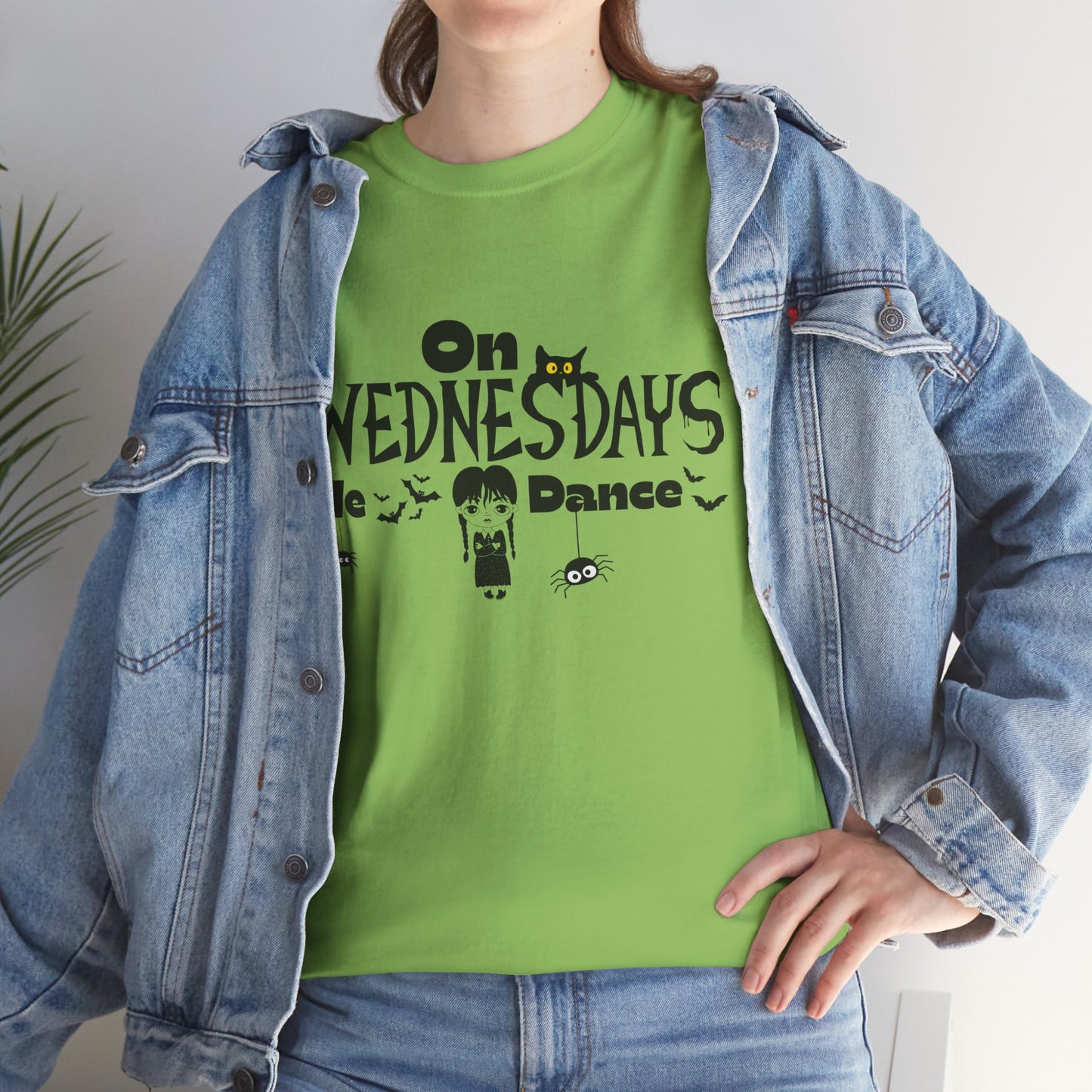 “On Wednesdays We Dance” Gothic Halloween T-Shirt with Cute Girl, Black Cat, Spiders & Bats - Unisex Heavy Cotton Tee