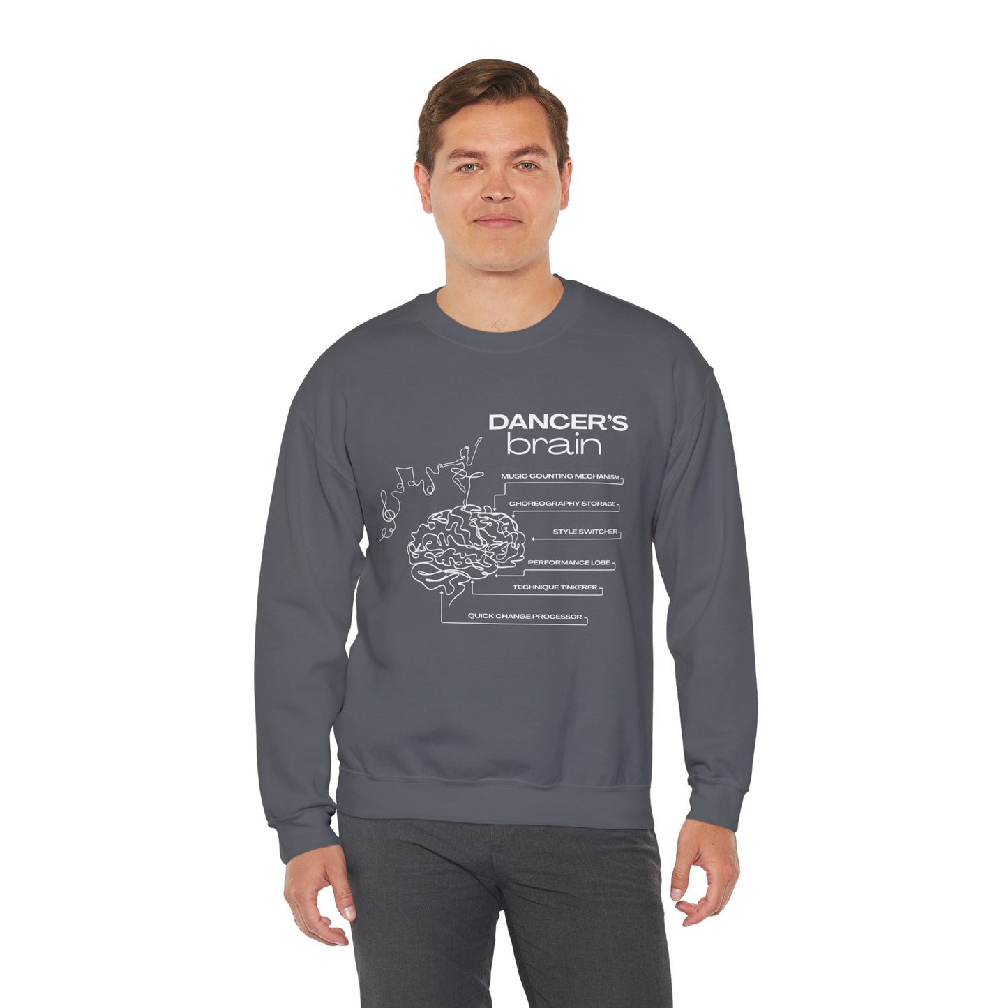 “Dancer’s Brain” Funny Dance Anatomy Sweatshirt – Unisex Heavy Blend Crewneck with Optional Name or Studio Personalization