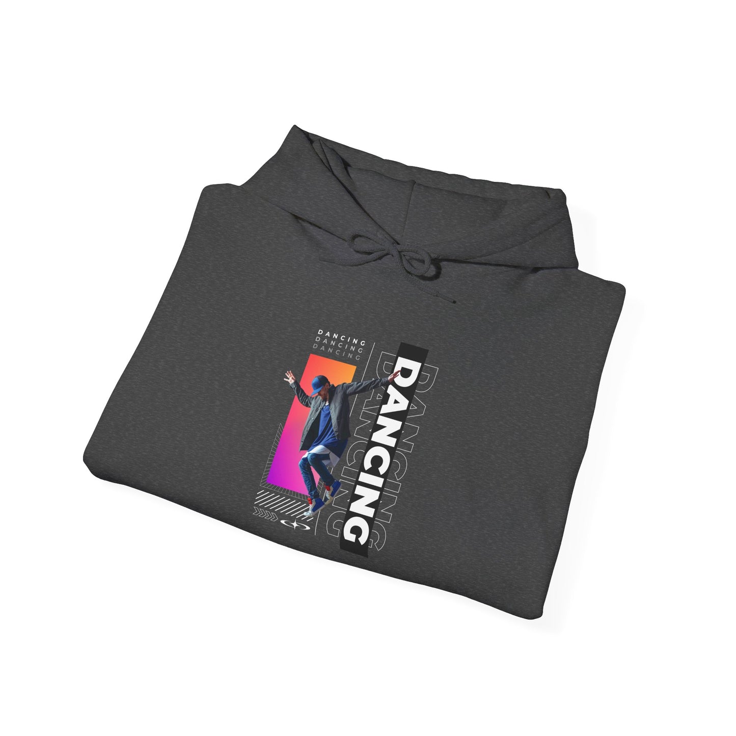 “Dancing” Text with Streetwear-Style Male Dancer Graphic – Unisex Heavy Blend™ Hooded Sweatshirt – Cozy Dance Hoodie for Performers & Dance Enthusiasts