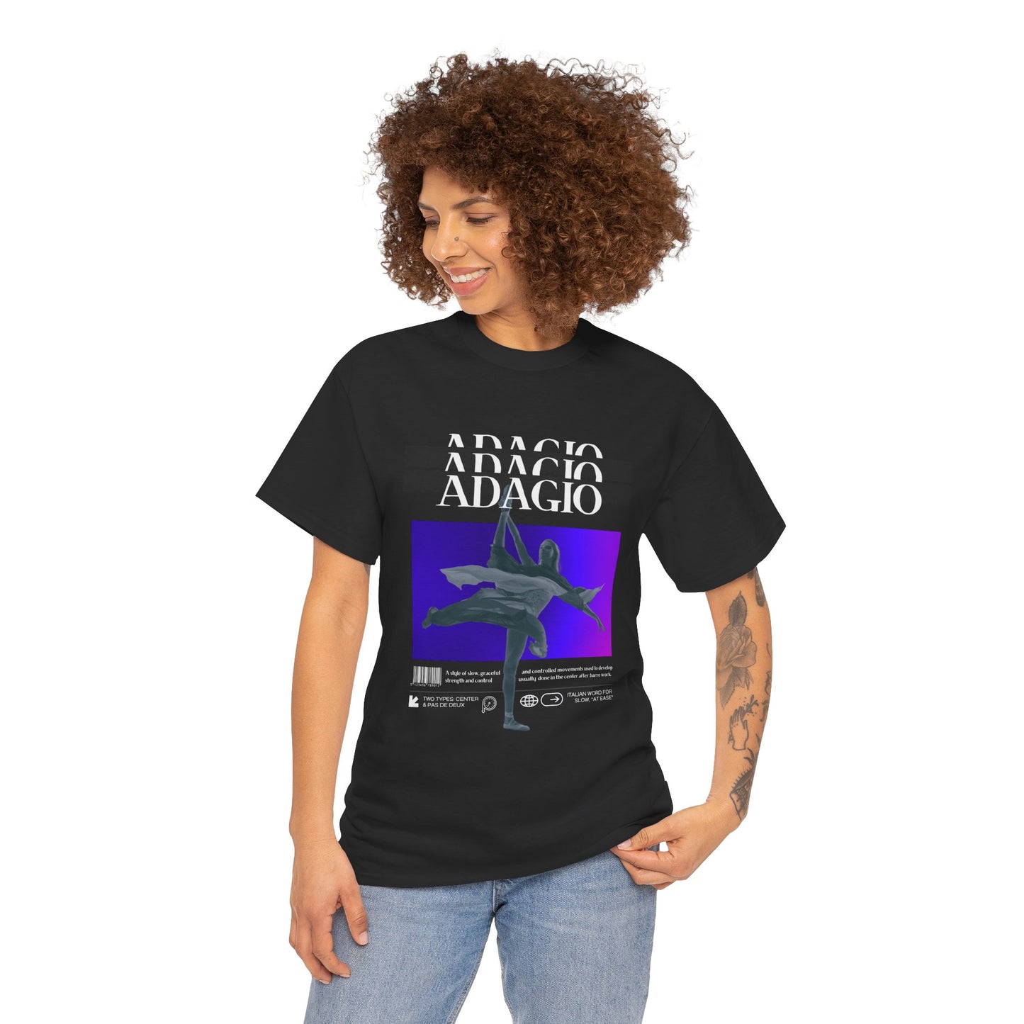 “Adagio” Ballet Term Definition with Streetwear-Inspired Ballerina Graphic | Dance-Themed T-Shirt for Ballet Lovers | Unisex Heavy Cotton Tee